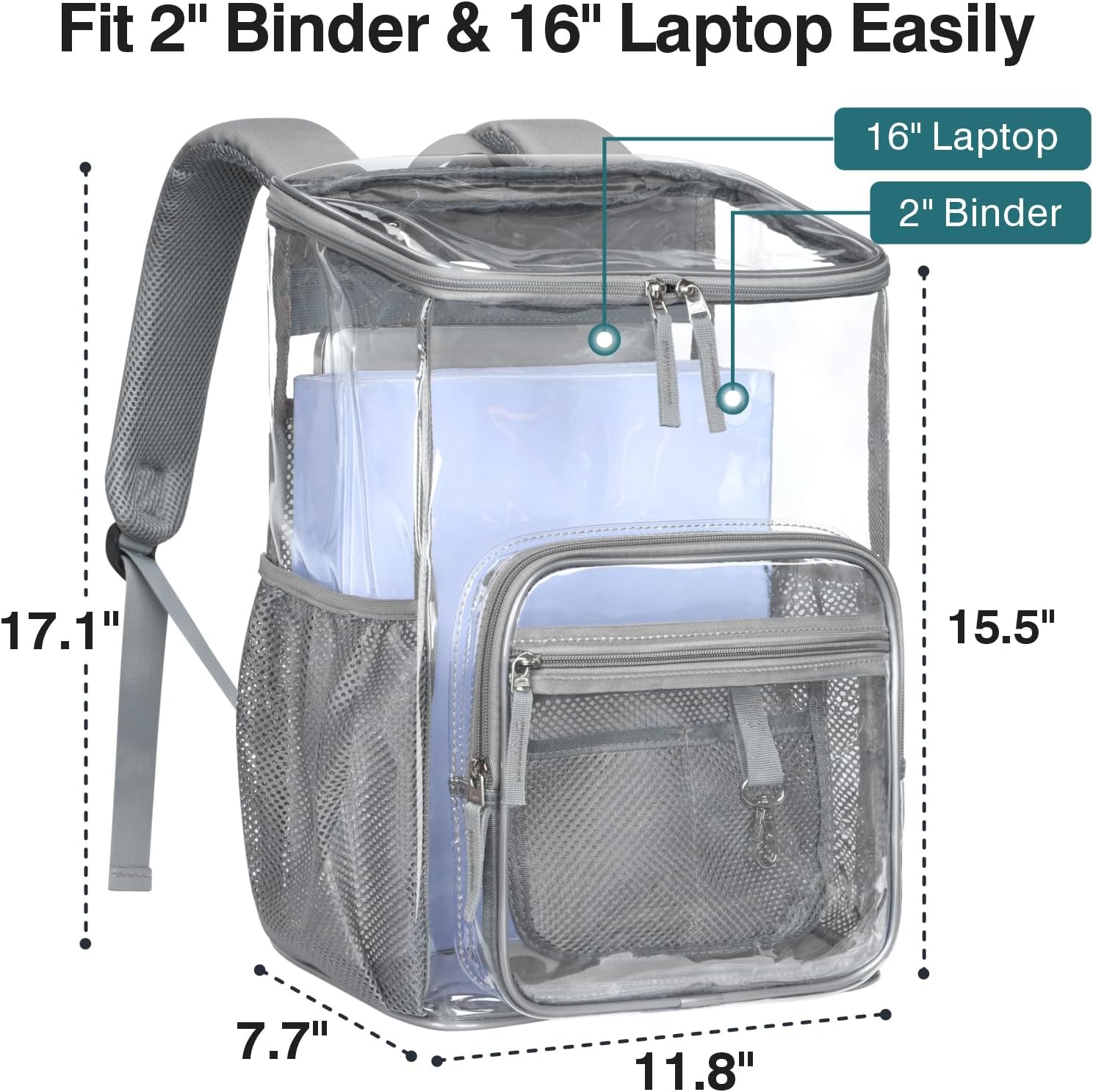 Clear Backpack for School - 17 Inch Top Loading Bookbag, Grey | Flap Top Quick Access, Large Main Compartment, Heavy Duty PVC, 900D Oxford Base, Fit 16"Laptop, Support 22 lbs.Age 12 Plus thumbnail