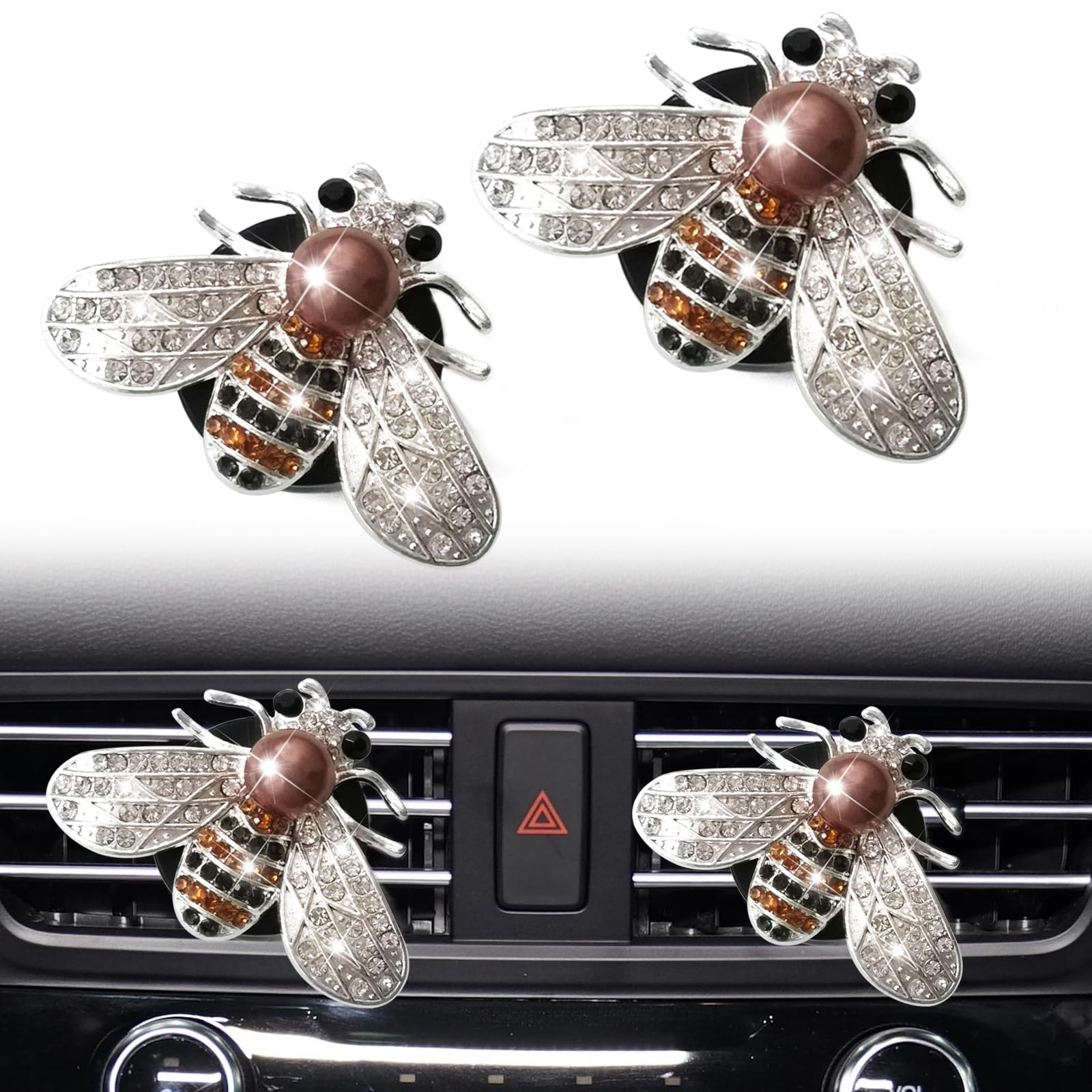 2 Pcs Shiny Bee Vent Clips, Car Diffuser Vent Clip Rhinestone Diamond Interior Decor, Crystal Bee Car Air Fresheners Vent Clips, Car Decoration, Bling Accessories, Silver