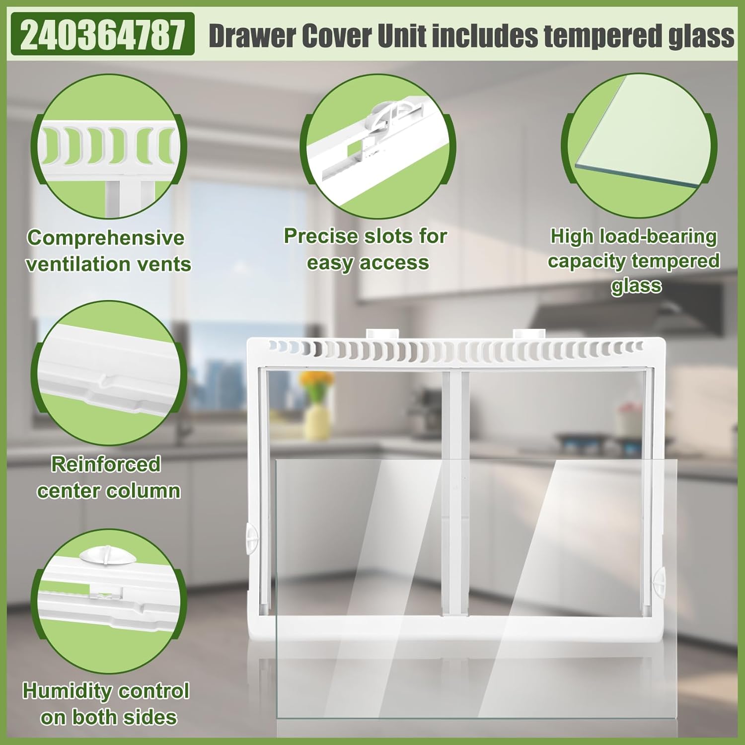 240364787 Drawer Cover with 240350608 Crisper Glass Unit for Frigidaire, Kenmore Refrigerator Crisper Drawer Cover Frame, Refrigerator Replacement Parts
