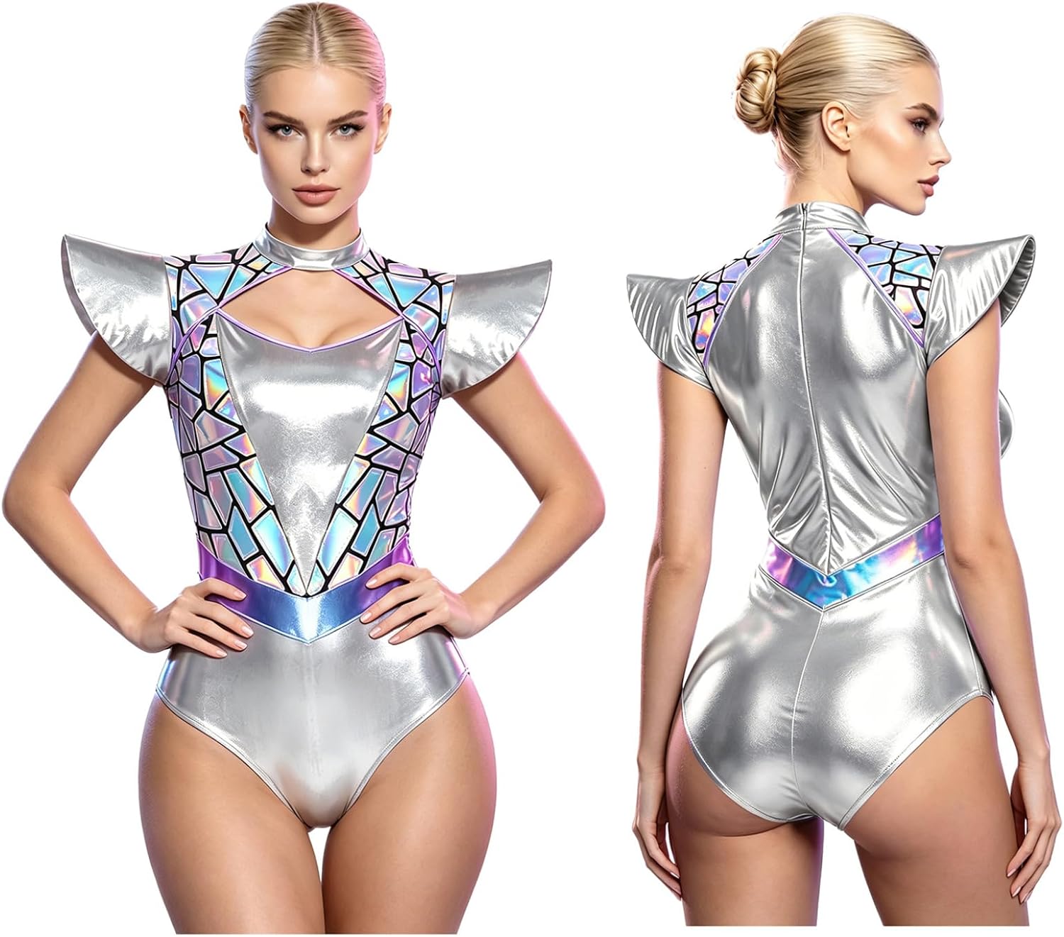 Sholeno Women Space Alien Costume Metallic Bodysuit Rave Outfit