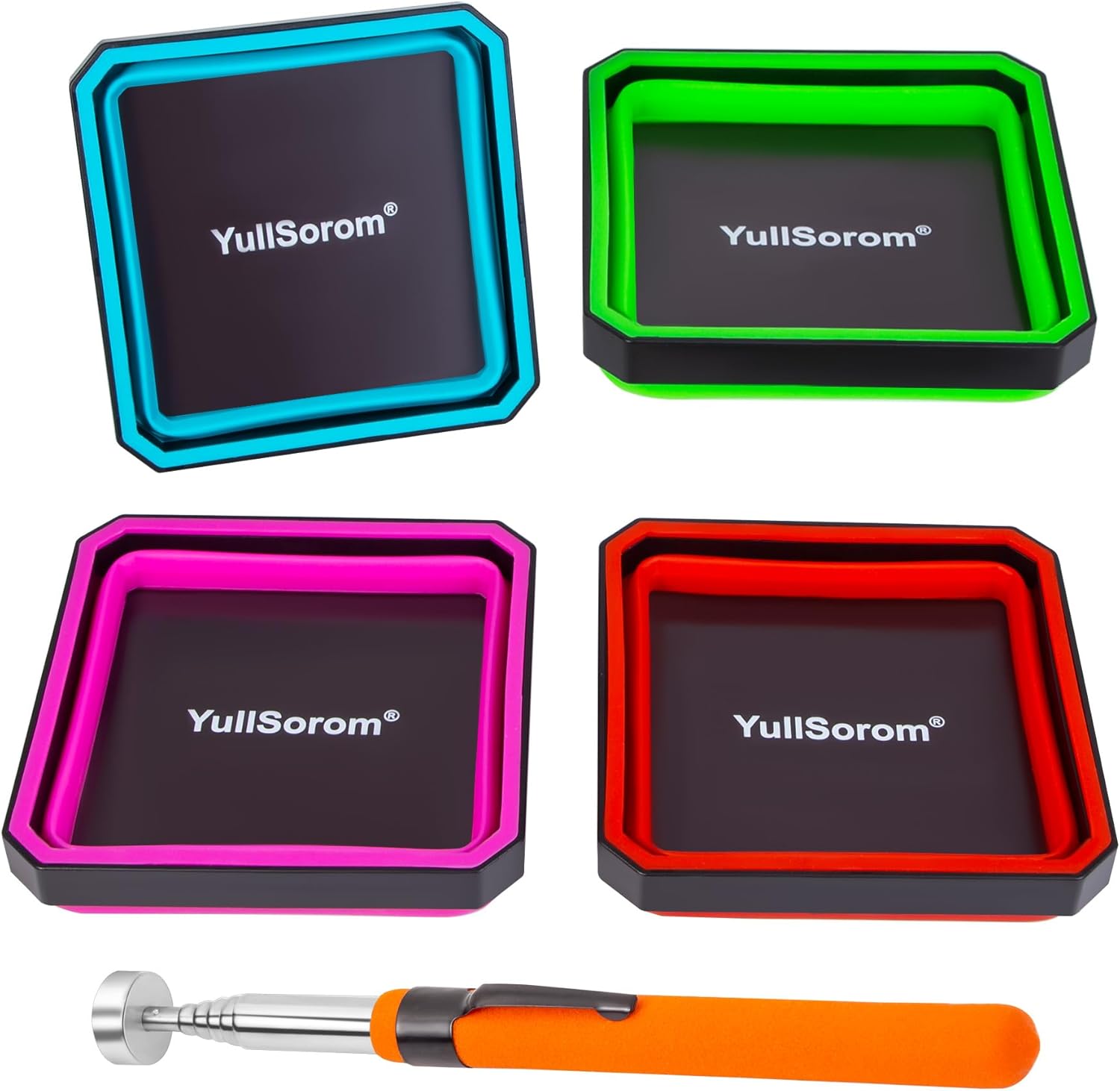 Collapsible Dual-Sided Magnetic Parts Tray Set, 4-Pack 4.5” Tool Trays for Screws Bolts Nuts Washers Pins with 1pc Magnetic Suction Rod