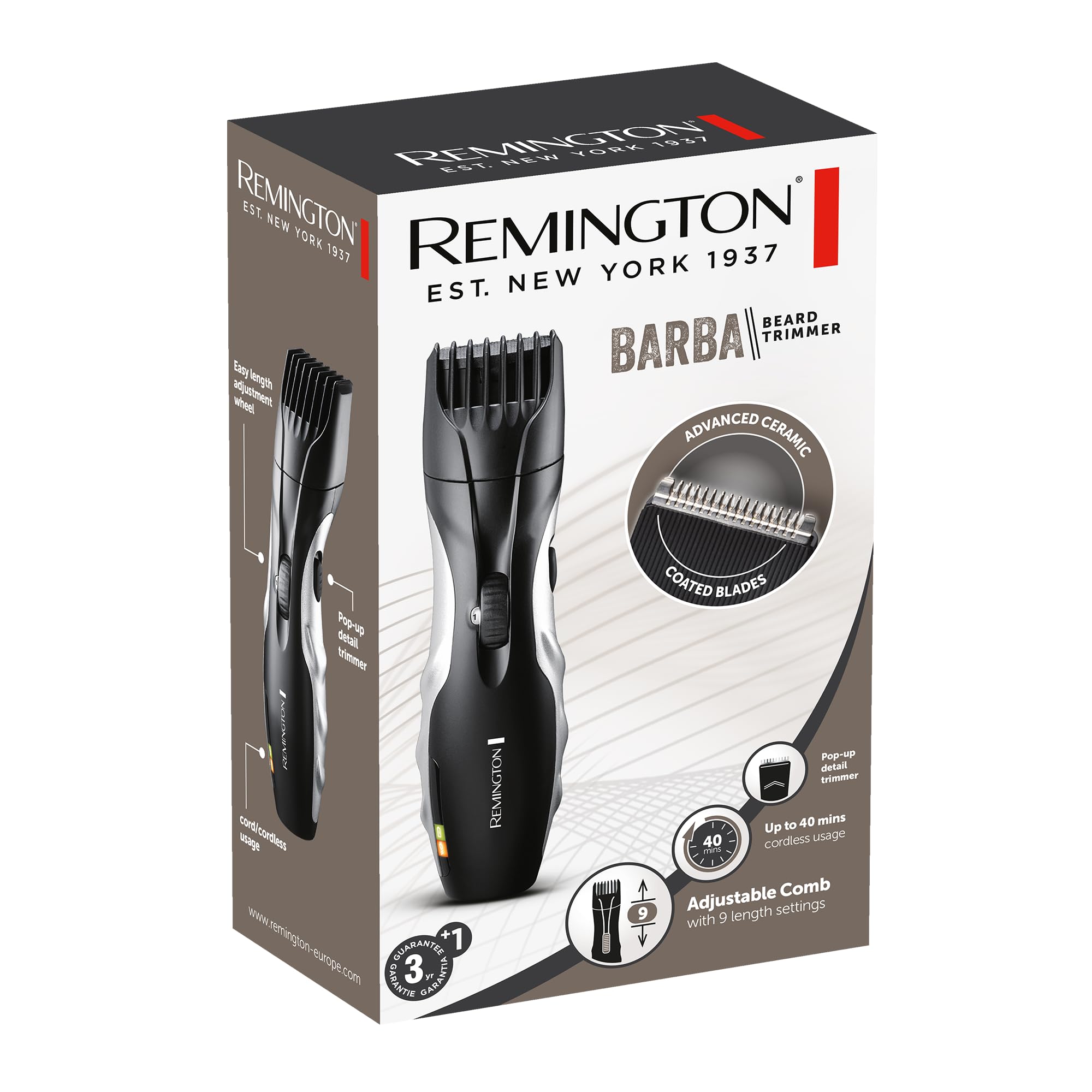 Remington Recortadora de Barba Ceramic Beard, Barbero con Cable e Inalámbrico, Cuchillas Cerámica, 9 Ajustes de Longitud, Rueda Zoom Ajuste de Longitud, 40 min Autonomía, Indicador Carga, MB320C