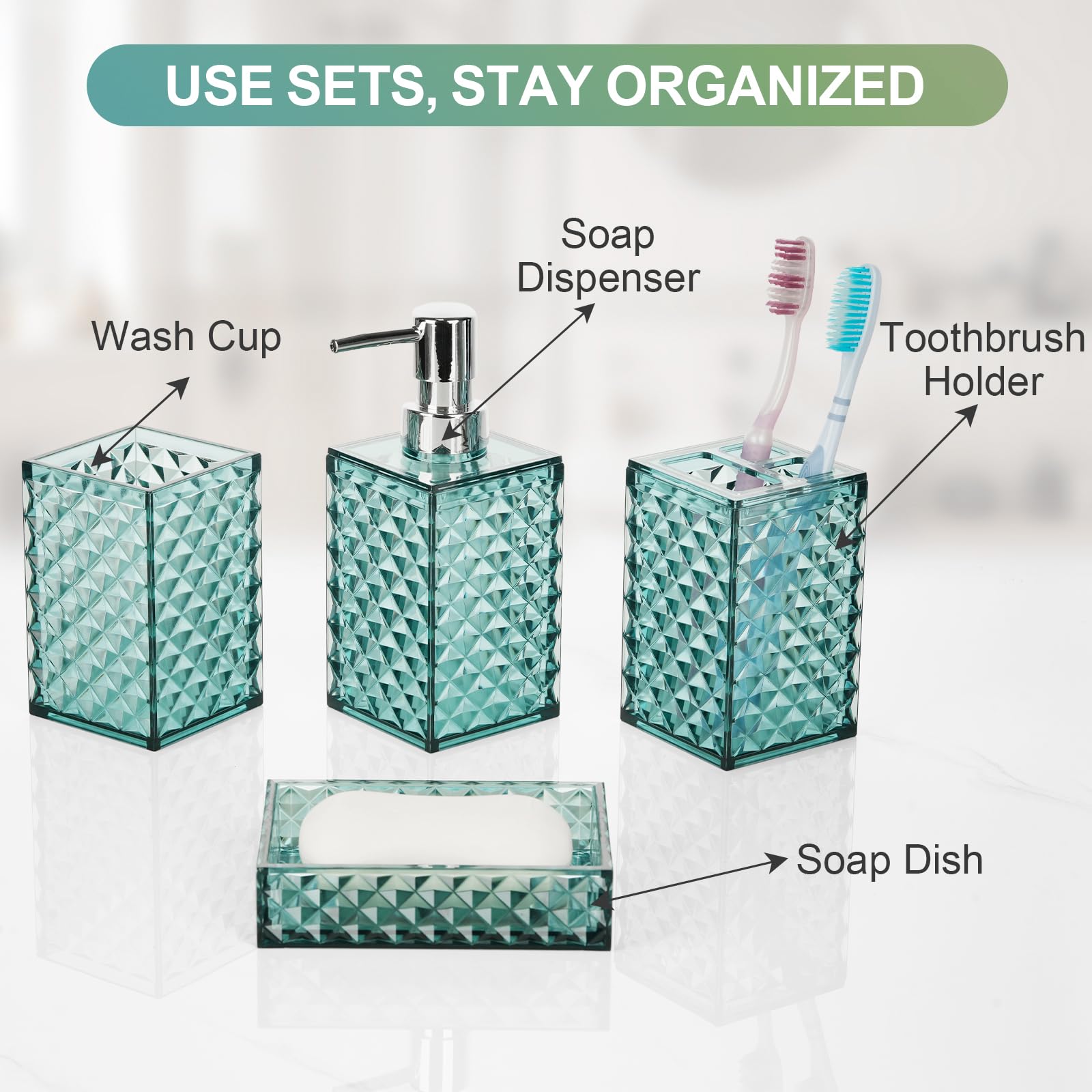 Juego de 4 accesorios de baño, juego de accesorios de plástico transparente azul, dispensador de jabón, soporte para cepillo de dientes, soporte Qtip y jabonera