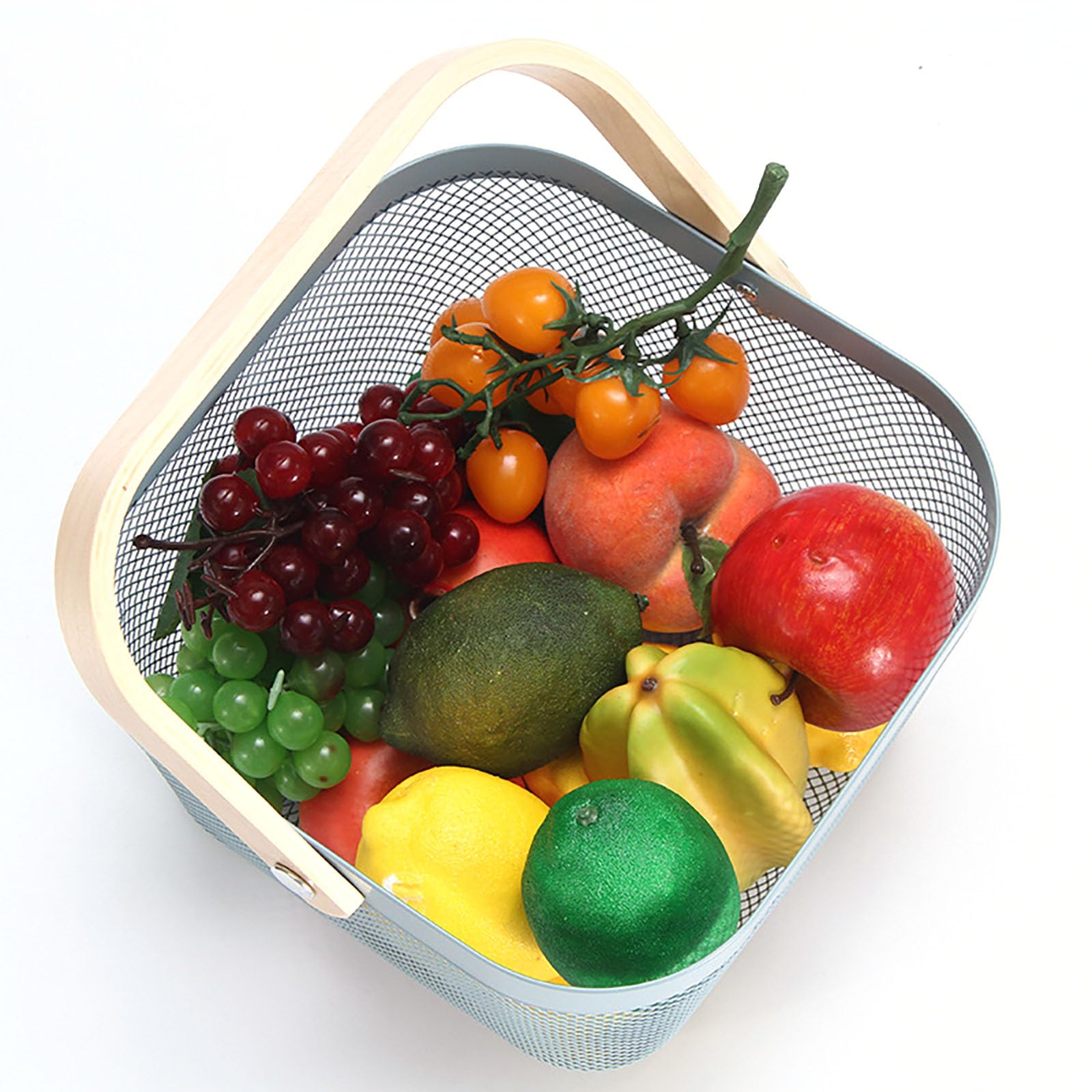 Cheardia Picknickkörbe, Metallgeflecht, Erntekorb mit faltbarem Holzgriff, rechteckiger Garten-Aufbewahrungskorb für Gemüse, Obst, Garten, Küchenschrank, Pflücken, Versammlung, Blau, 2 Stück