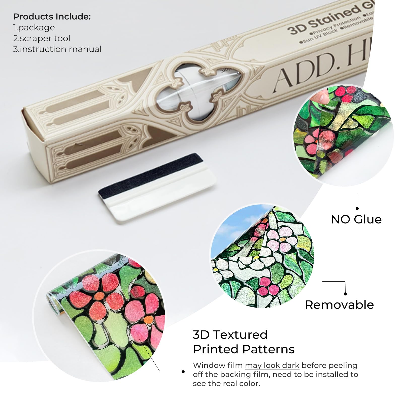 3D Stained Glass Window Film, Decorative Window Privacy Film for Bathroom,Front Door,Home, Sun Blocking Heat Control,Static Cling,23.6inch x 35.4inch Blossomray