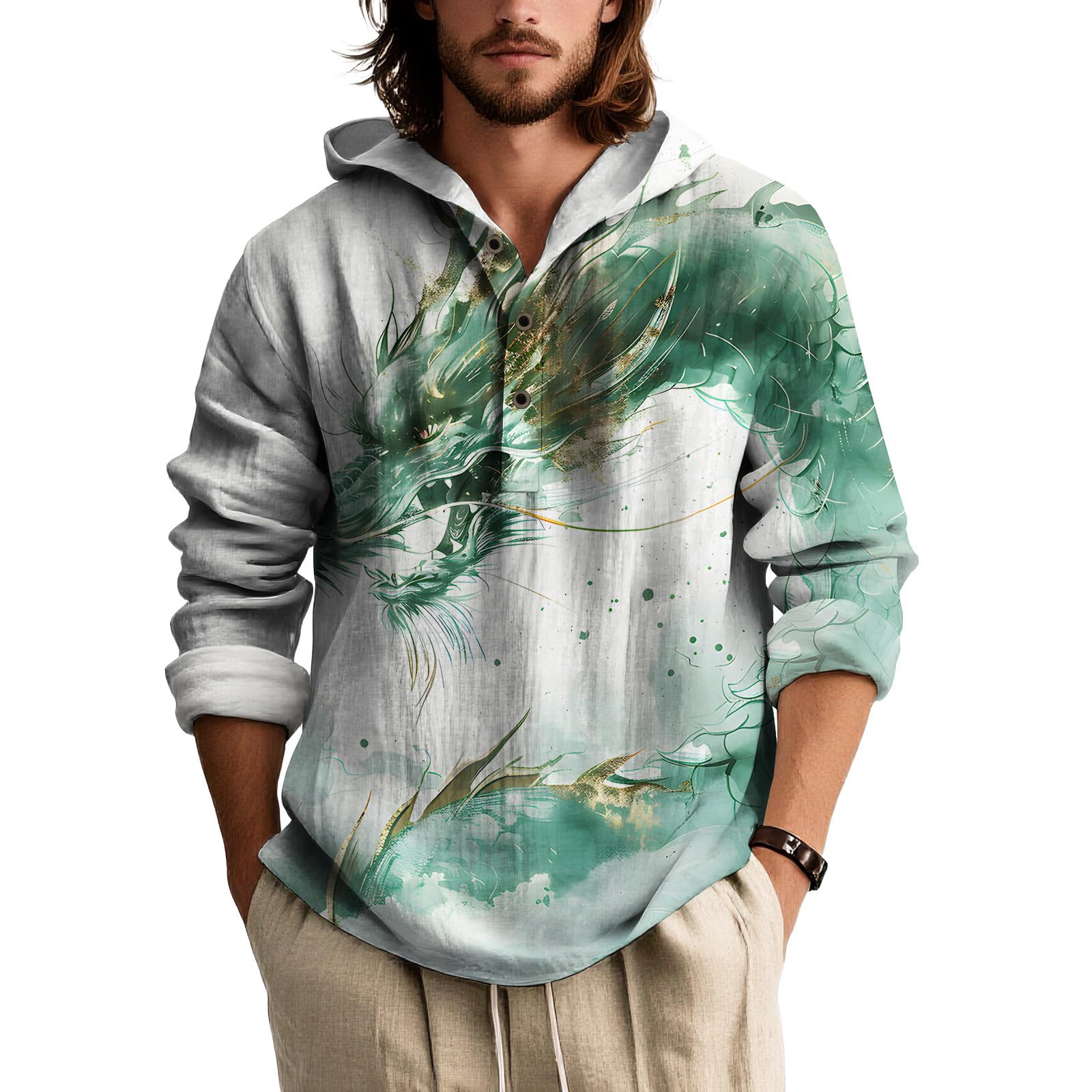 Mens Long Sleeve Print Shirt Stand Collar Button Down Lightweight Oriental Style Fashion Top for Spring Summer