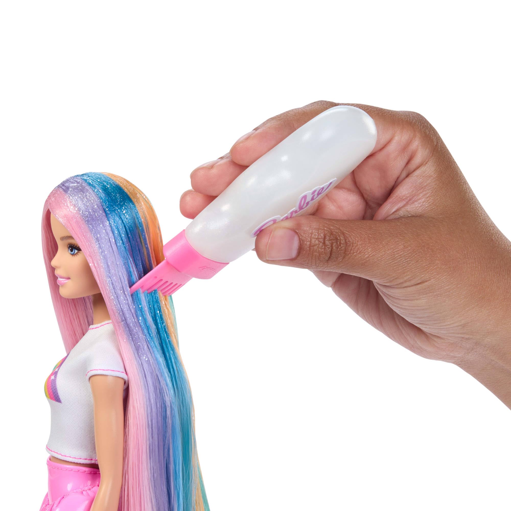 Barbie Regenbogen-Glitzerhaar Puppe, besonders Lange und Bunte Haare mit 12 Styling-Zubehörteilen wie Glitzergel-Tube, Haarbürste, Haarspangen, Föhn und mehr, JJP07