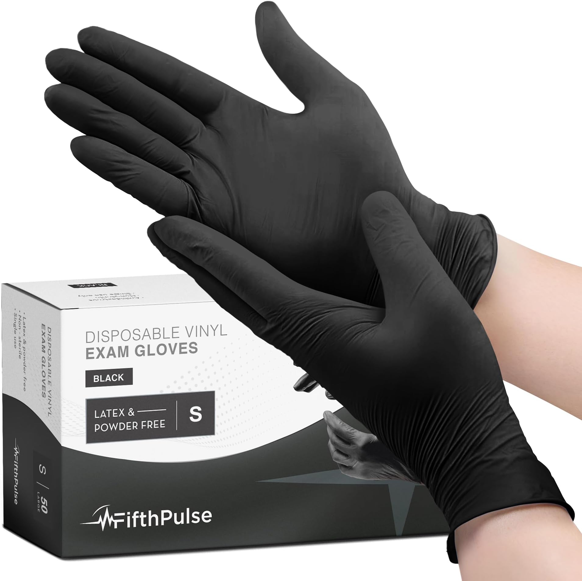 FifthPulse Black Vinyl Disposable Gloves Small 50 Pack - Latex Free, Powder Free Medical Exam Gloves - Surgical, Home, Cleaning, and Food Gloves - 3 Mil Thickness