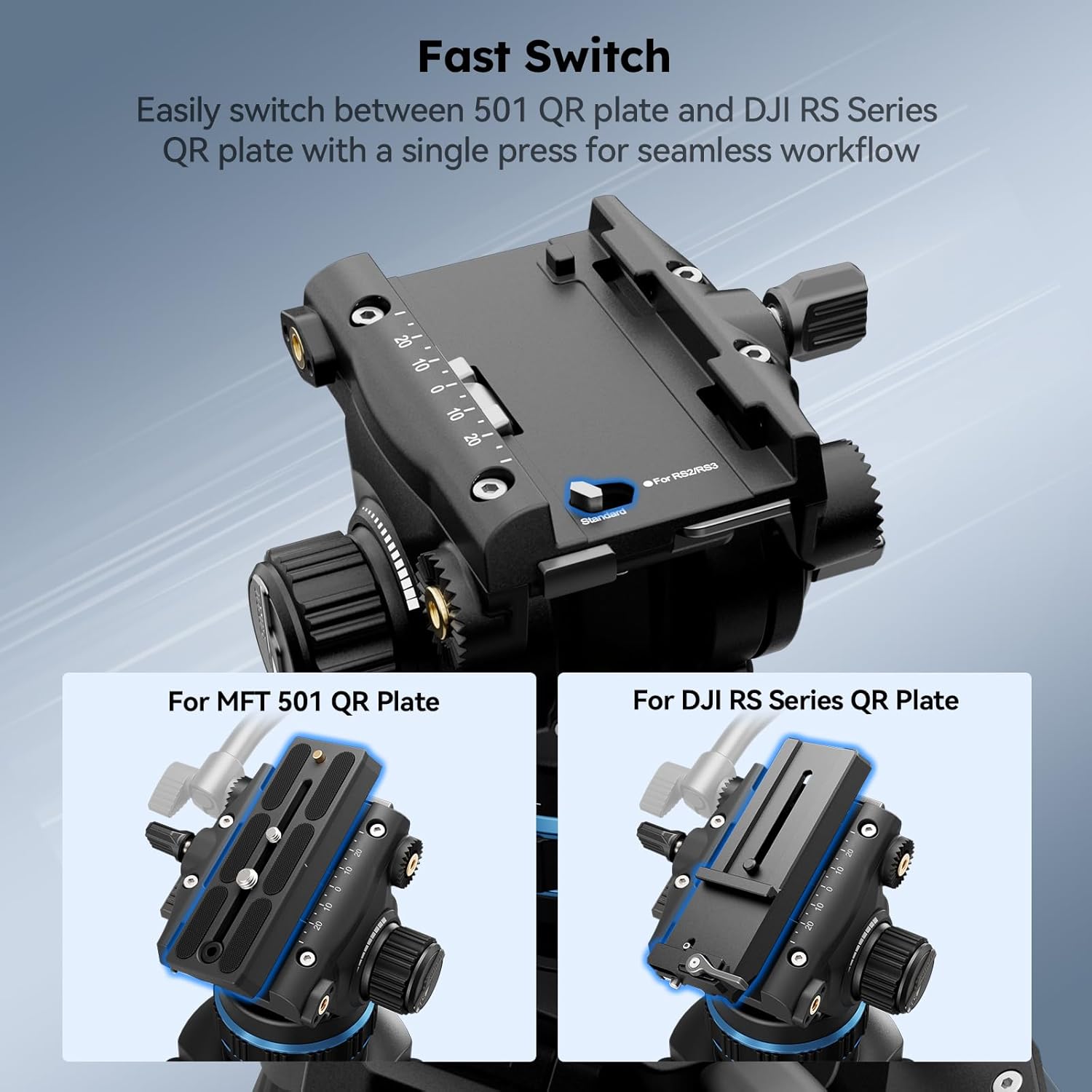 Image showing the quick release plate compatible with MFT and DJI RS systems.