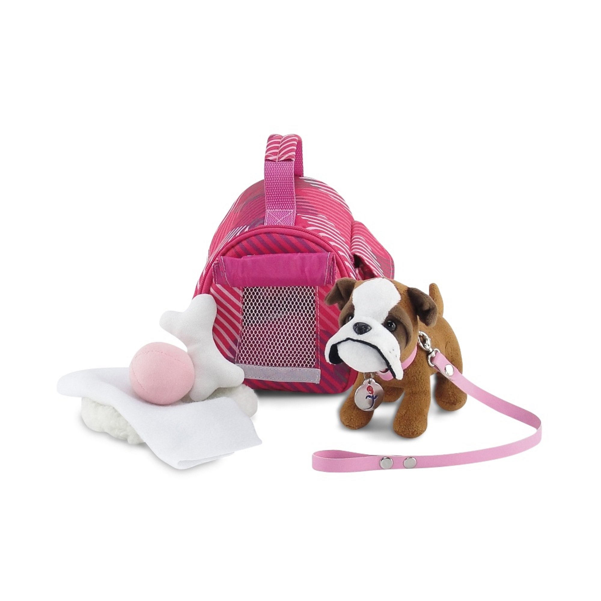18-inch Doll Puppy Dog - Bulldog with Carrier Bed Blanket Bone Leash Collar Ball Accessories | Pretend Toy Plush Dog for Kids Toddlers | Compatible with American Girl Dolls