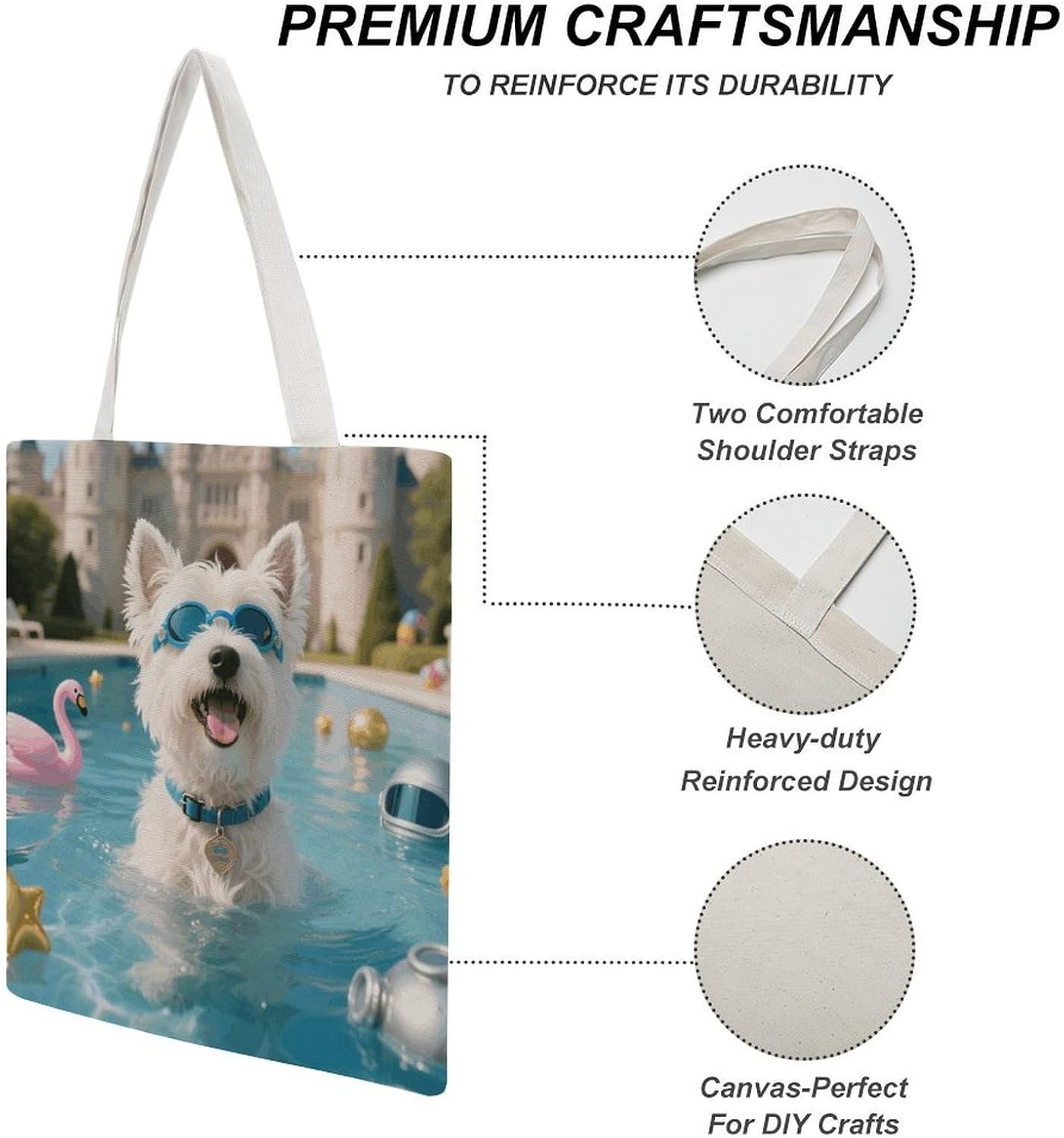 Canvas Tote Bag 16x15 In Lightweight Foldable Shoulder Hobo Purse | Westie Pool Grace, Casual Tote with 10" Strap, Everyday Carryall, for Travel Work Grocery Shopping Beach Mark Gym Yoga