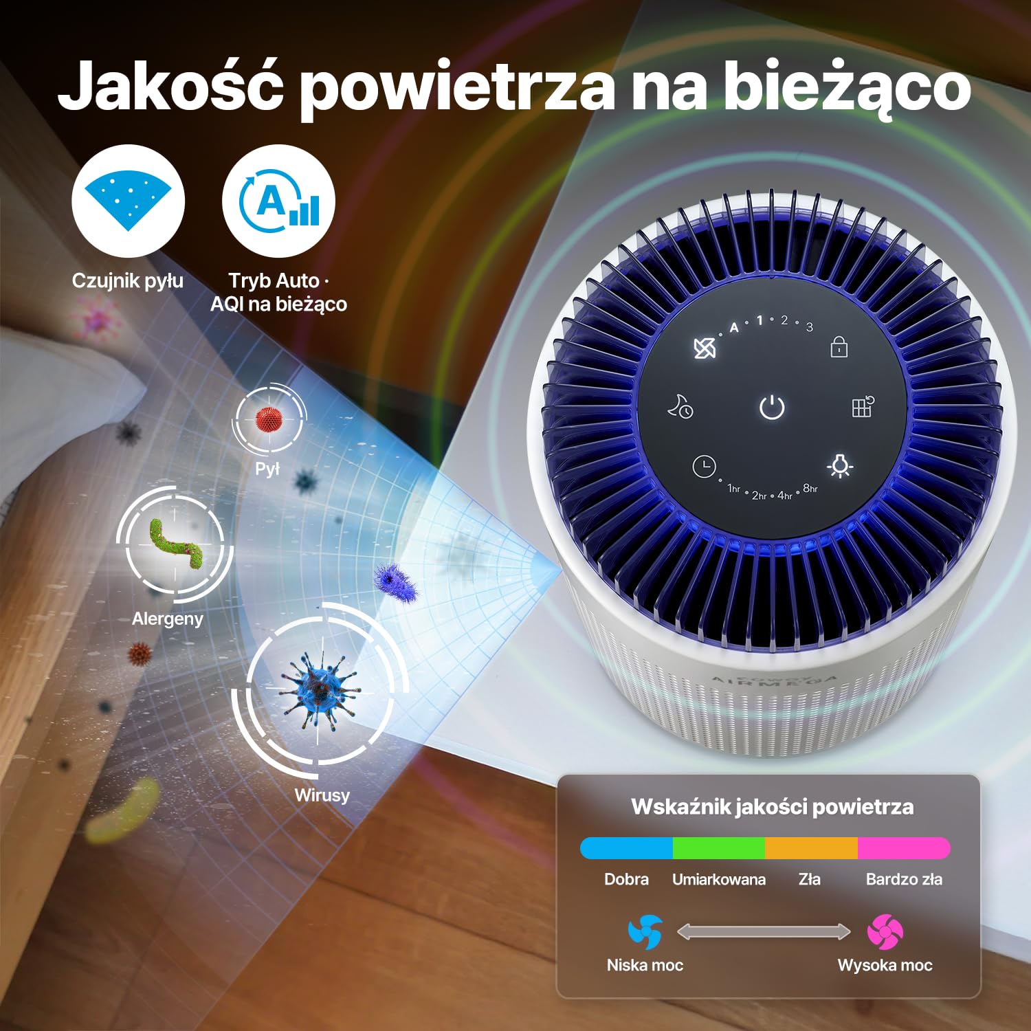 Coway Oczyszczacz Powietrza HEPA do Sypialni, CADR 120 m³/h, Usuwa 99,999% cząstek do 0,01 µm, Tryb Cichy 18,4 dB, Alergia, Kurz, Pyłki, Dym, Sierść, Zapachy, Pleśń – Airmega 50