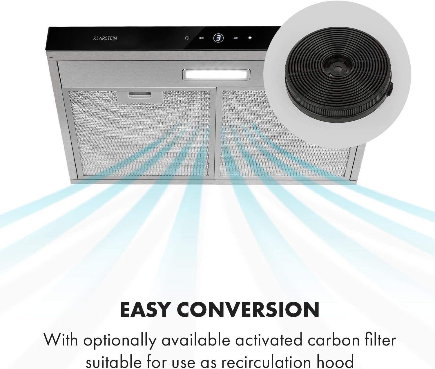 KLARSTEIN Contempo Neo - Under-Mounted Cooker Hood Extractor, Recirculation Width 90 CM, Maximum Exhaust Power 175 m³/h, SenseControl, Integrated Touch Control, LED Cooker Lights, Elegant Design