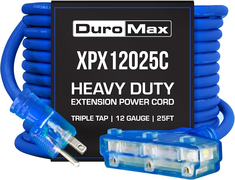 DuroMax XPX12025C Heavy Duty SJEOOW 25-Foot 12 Gauge Blue Triple Tap Lighted Extension Power Cord