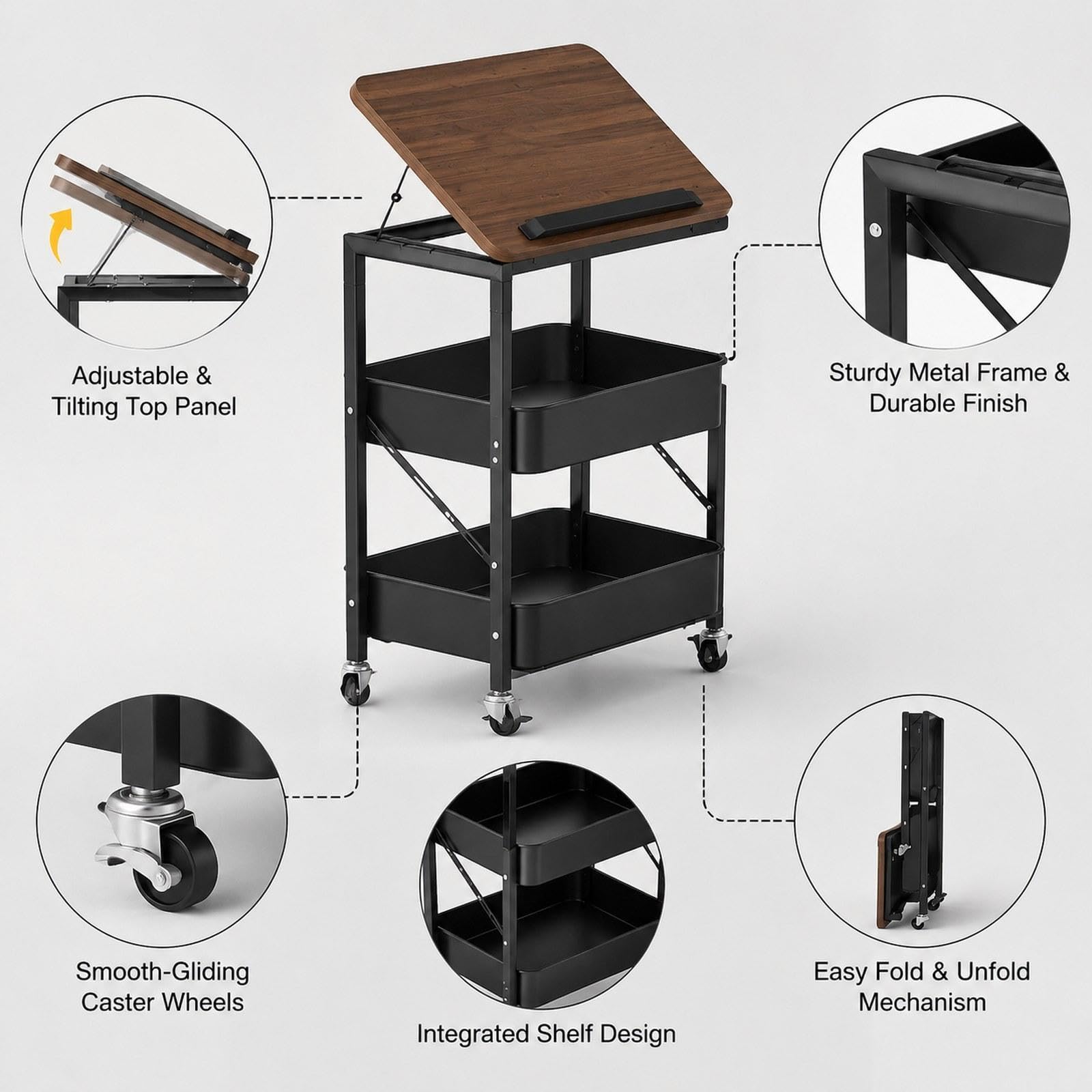 Carrito utilitario con Ruedas, Organizador versátil, Noche portátil con Estante para el hogar, Sala Estar, Negro