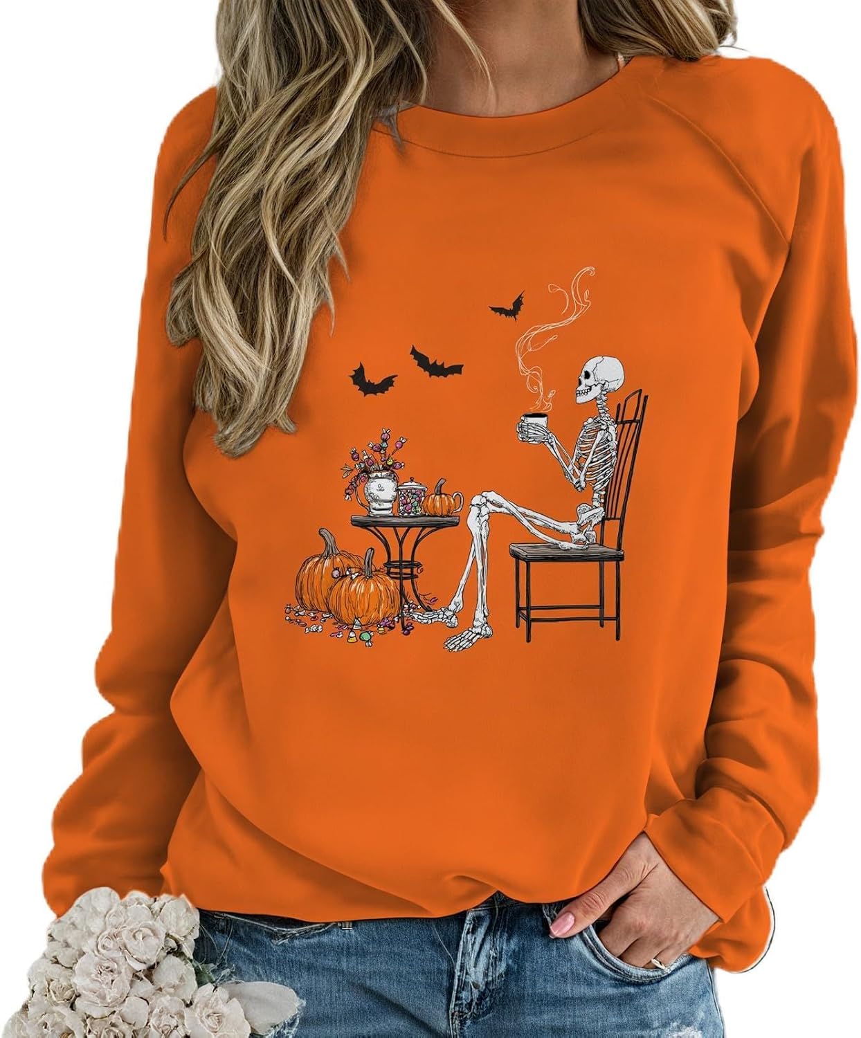 Novelty Halloween Shirts for Women Trendy Graphic Print Long Sleeve Crewneck Fall Tops Loose Casual Pullover