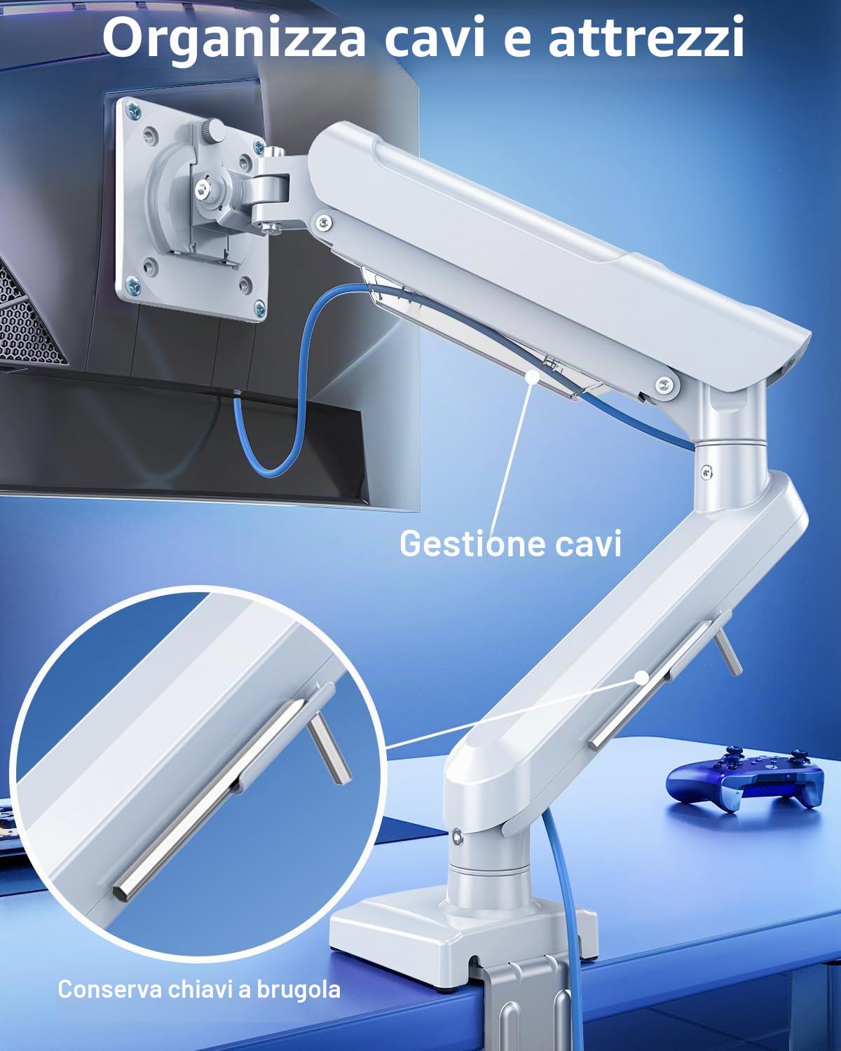 ELIVED Supporto per monitor da gaming per schermi da 13-32", supporta 2-9 kg | Braccio a molla a gas regolabile in altezza con VESA 75/100 mm, inclinabile, orientabile, girevole a 360°, bianco, EV6011W