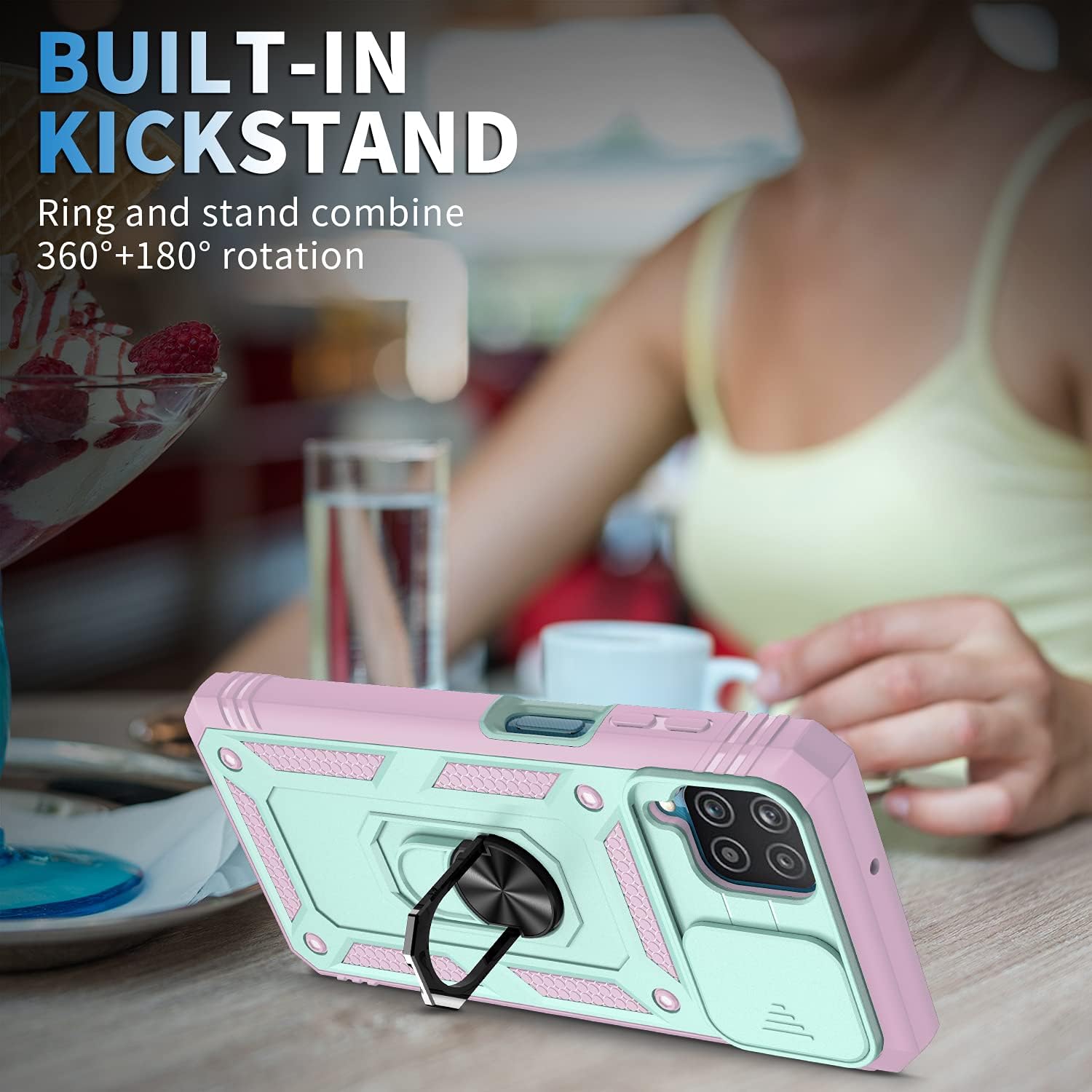 PASNEW Phone Case for Samsung Galaxy A42 5G/M42 5G Cases with Ring & Slide Camera Cover,Military Heavy Duty Full Body Shockproof Hard Shell,6.6 inch,Green Pink