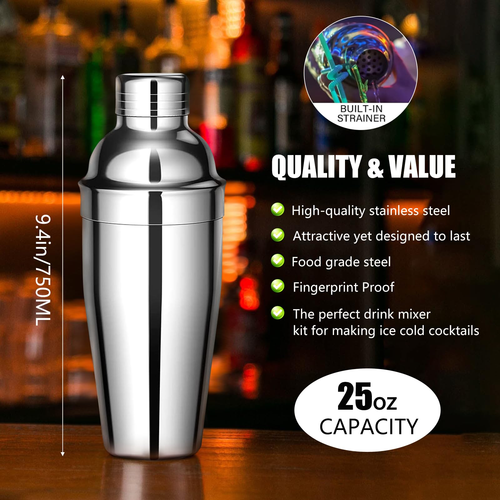 AOKITO Cocktail Set, Coctelera Profesional de Acero Inoxidable de 12 Piezas, Coctelera de 750 ml, Kit Cocktail de Barman con Soporte de Madera para El Hogar o El Bar