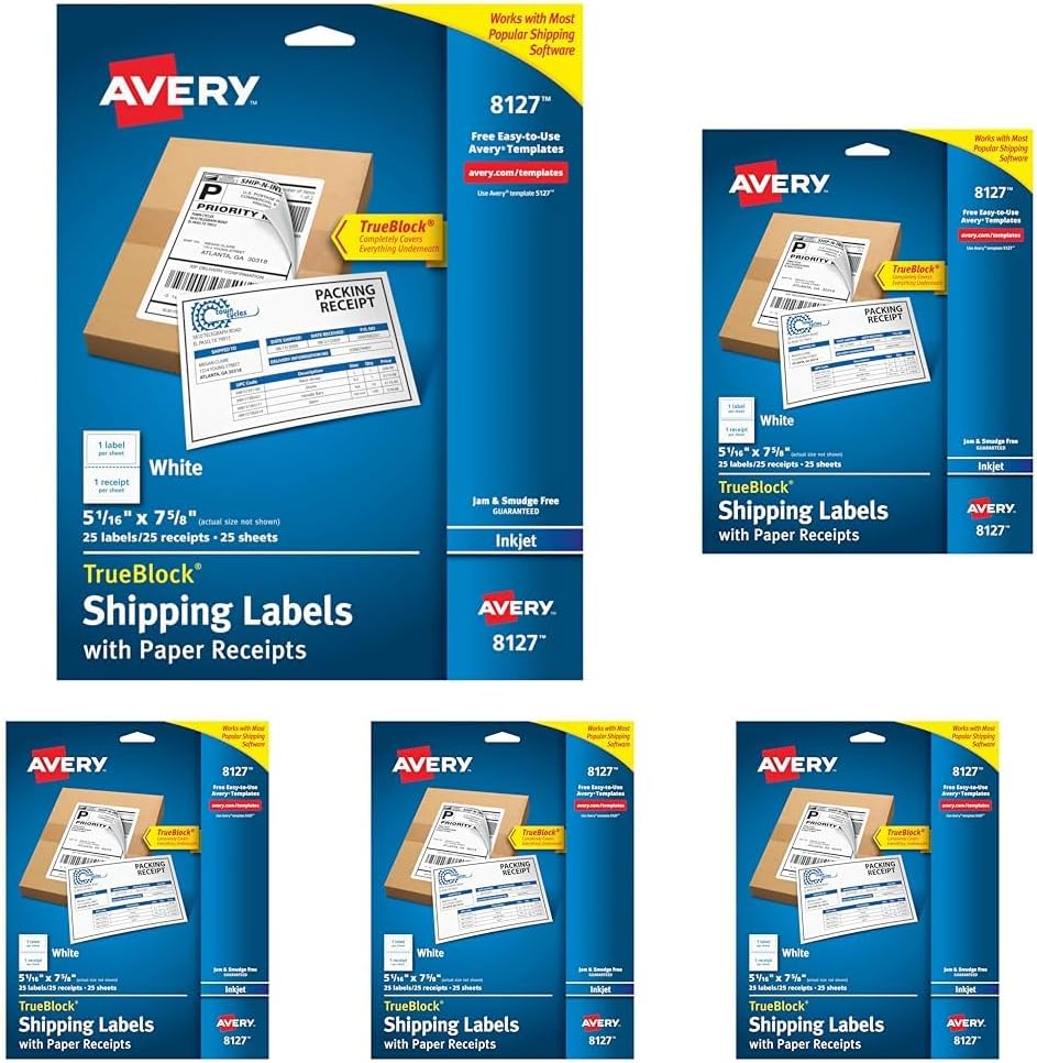 Avery Shipping Labels w/Paper Receipts and TrueBlock Technology for Inkjet Printers 5-1/16 x 7-5/8, (8127) 25 per Pack (Pack of 5)
