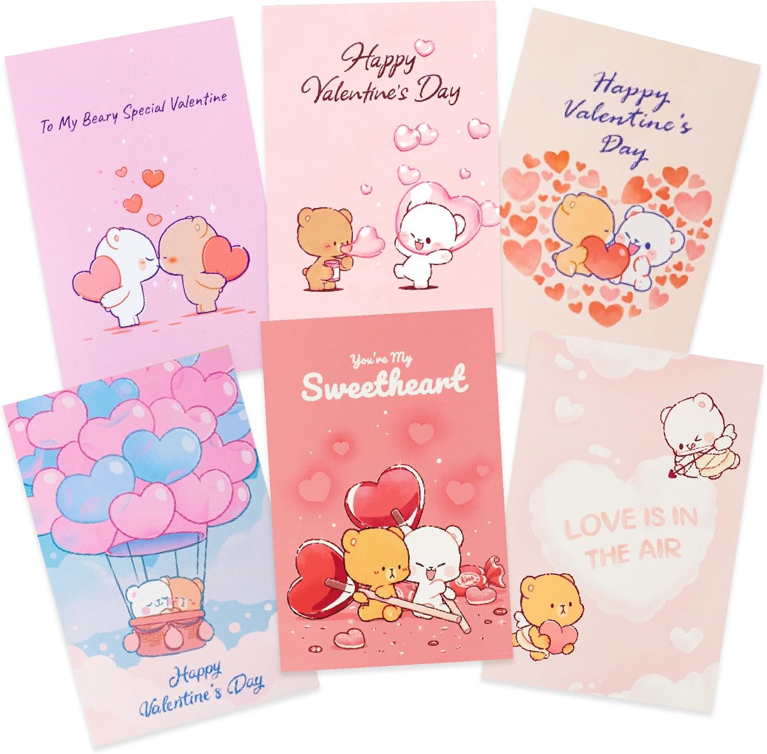 Milkmochabear Valentine's Day Card 6-Pack Bundle Authentic Merchandise 4" x 6" Inch Blank Inside Milk and Mocha Greeting Cards White Envelope Unique Designs for Family Friends Partners Cute Adorable
