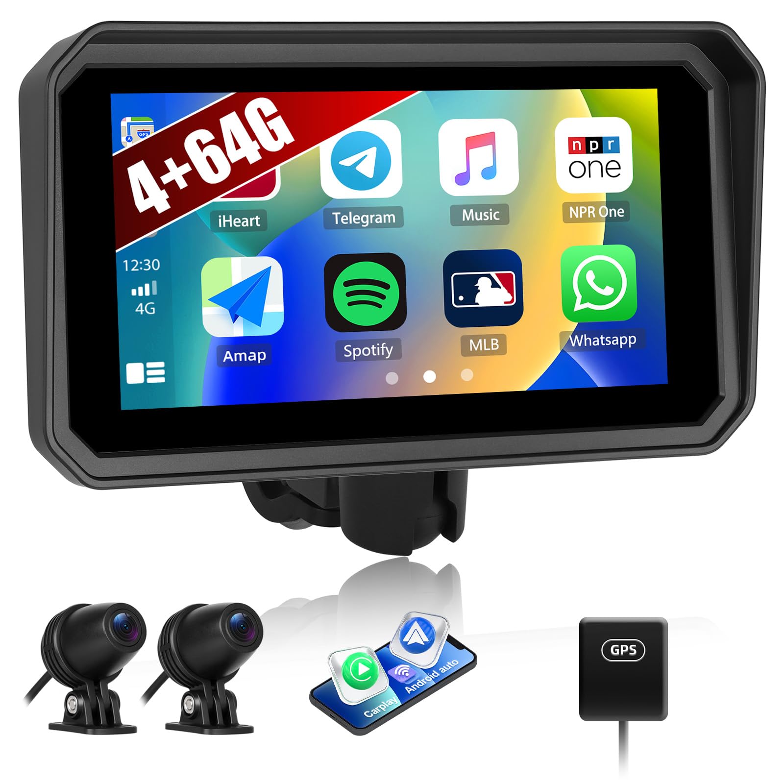 4+64G Android 14 Carplay Screen for Motorcycle with Wireless CarPlay,6 Inch IPS Portable Radio with Tire Pressure Monitoring,Bluetooth,WiFi,GPS Navigation,Voice Assistant,Dual Front and Rear Cameras