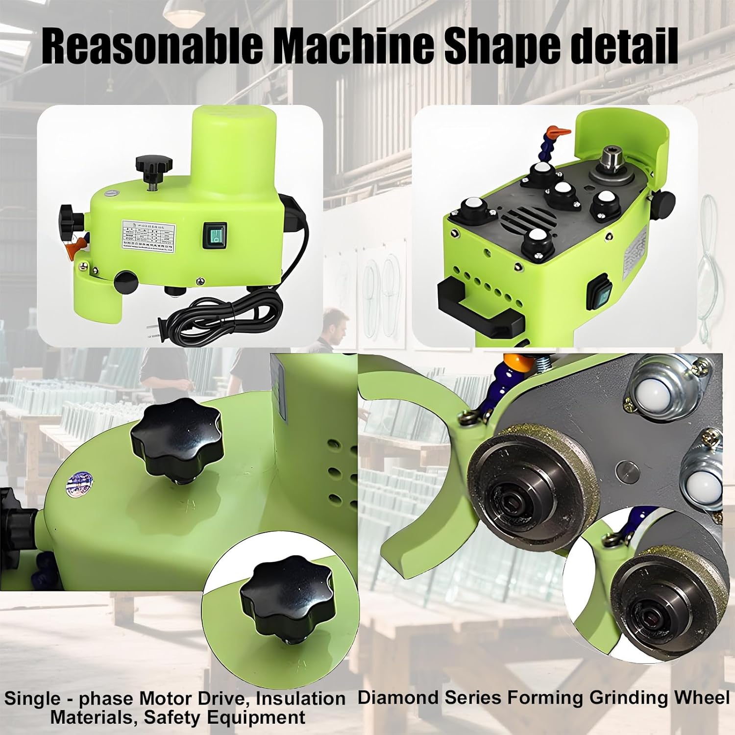 Portable Glass Edger Machine, 800w Electric Power, 8000 RPM Speed, Diamond Glass Corner Grinding Edging Machine, Handles Plane, Curve Edges at 1-3 M/Min, Compact 14-Lb Build