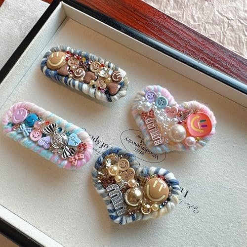 MOMOAO クリップ ハート スマイル ヘアピン 4点セット 春 編み パール 可愛い ヘアアクセサリー ヘアクリップ 髪飾り おしゃれ 人気 キュート一字型ピン 髪留め ファッション 少女 前髪 パッチン留め 手作り ガールズ 和風 夢幻 女性用 かわ