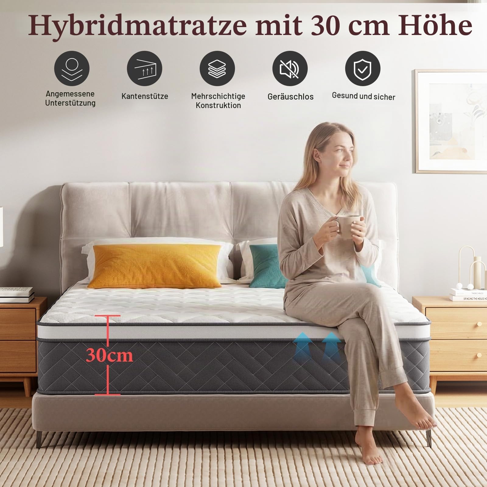 Matratze 140x200 cm, Höhe 30cm mit Oeko-TEX Zertifiziert, Härtegrad H3, 7 Zonen Taschenfederkernmatratze mit Komfortschaum, Gewebe mit weicher, Langlebig & Hautfreundlich,140x200x30cm