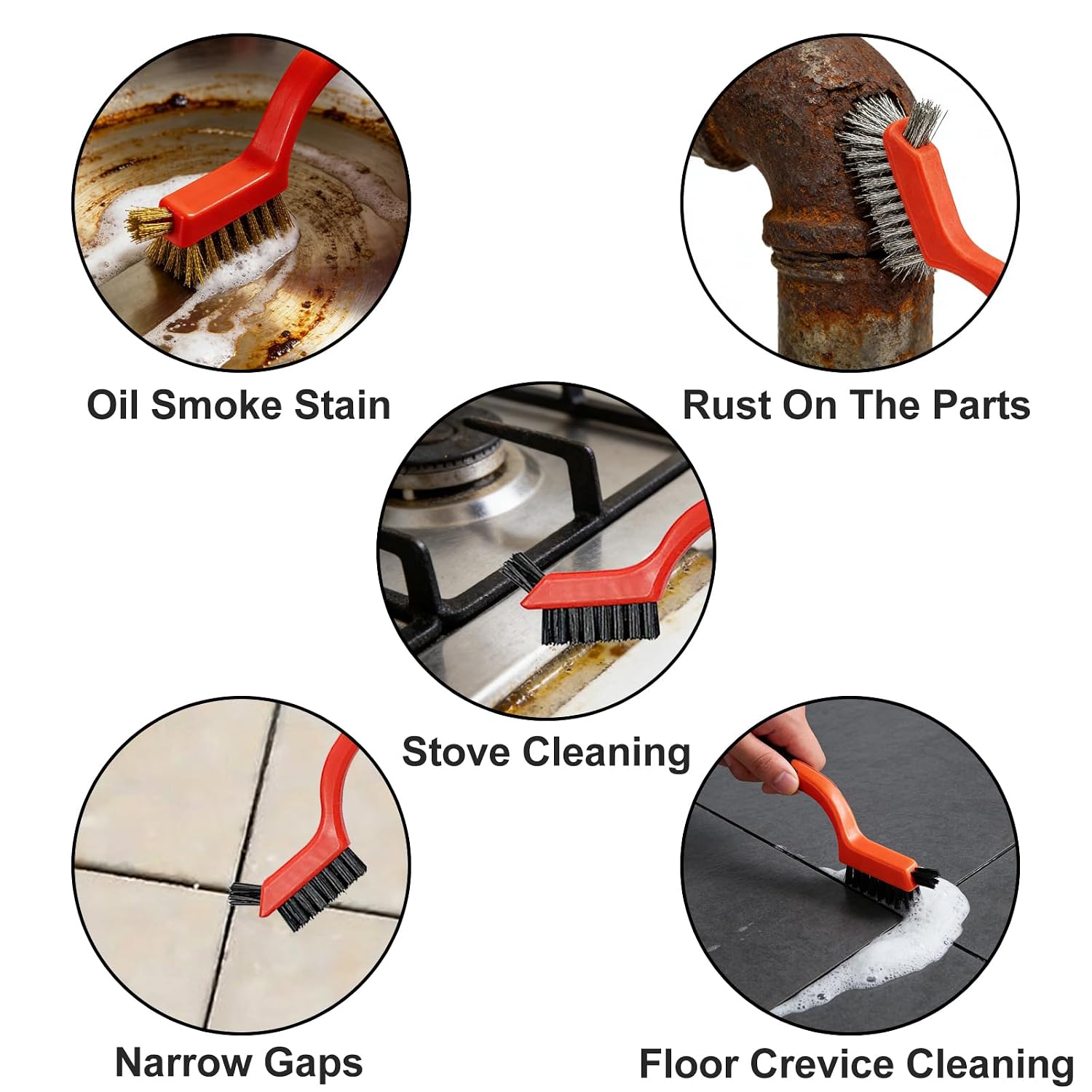 Small Wire Brushes for Cleaning Set Brass/Stainless Steel/Nylon 6 Pcs with Soft Curved Handle for Used for Cleaning Rust Removal Deep Cleaning of Dirt and Paint Scrubbing 6.9inches (Red)