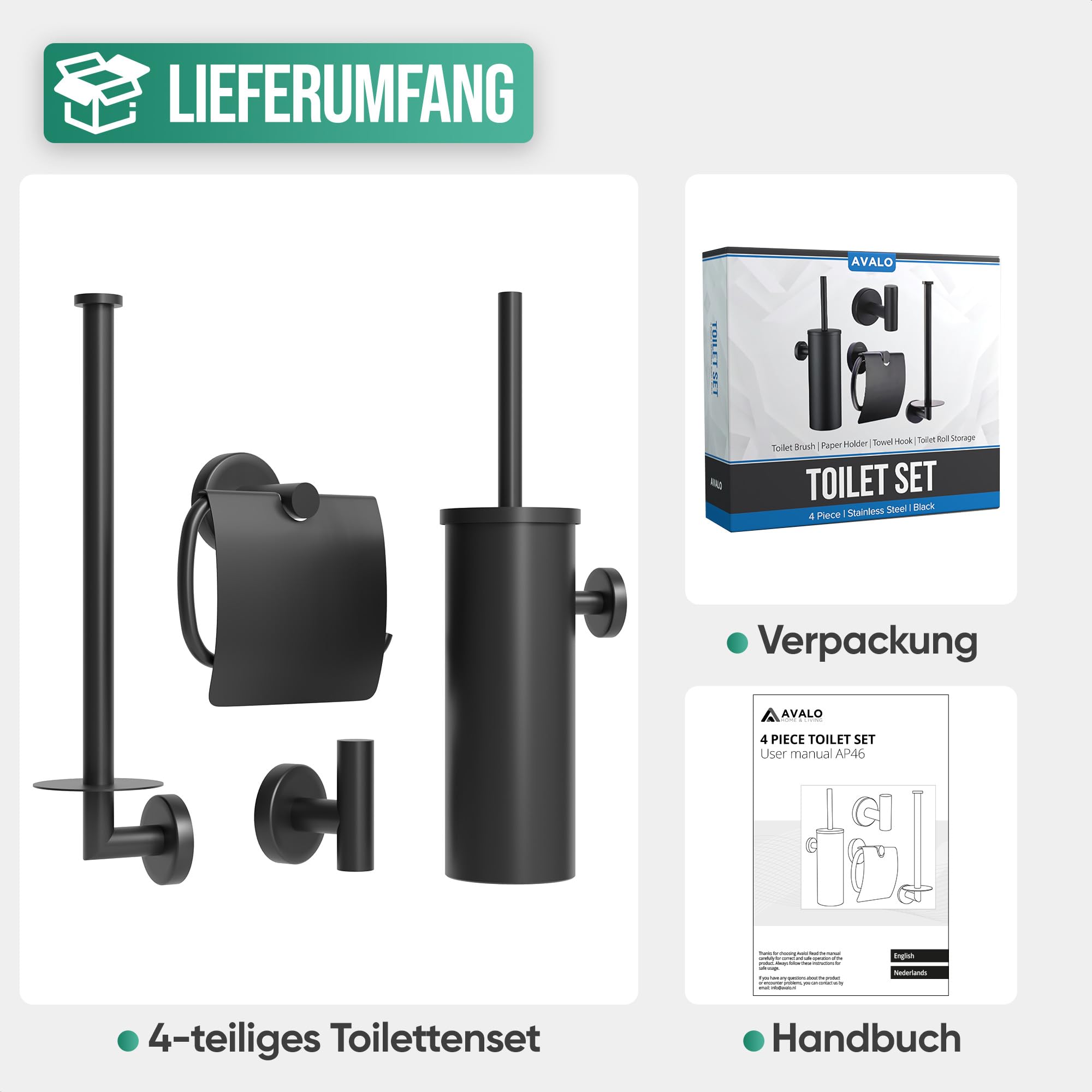 Avalo Toilettenzubehör Set Schwarz 4-teilig - Luxus-Toilettengarnitur - Toilettenbürste mit Halter/Toilettenpapierhalter/Ersatzpapierhalter/Handtuchhaken - inkl. Befestigungsmaterial