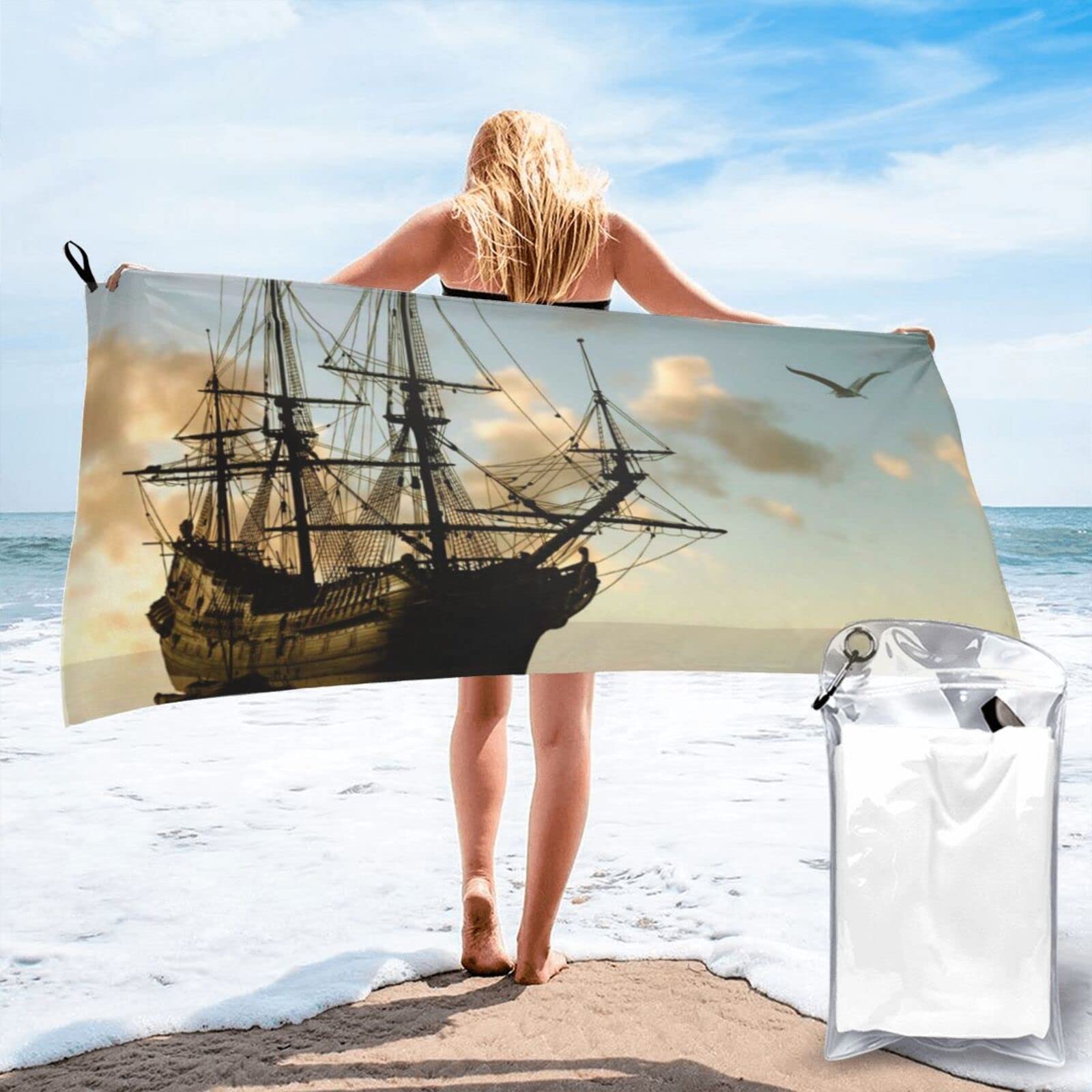 Lawenp Old Pirate Boat Microfiber Beach Towel Adults Large Quick Drying Bath Towel Travel Towels with Pouch 31.5"x63"