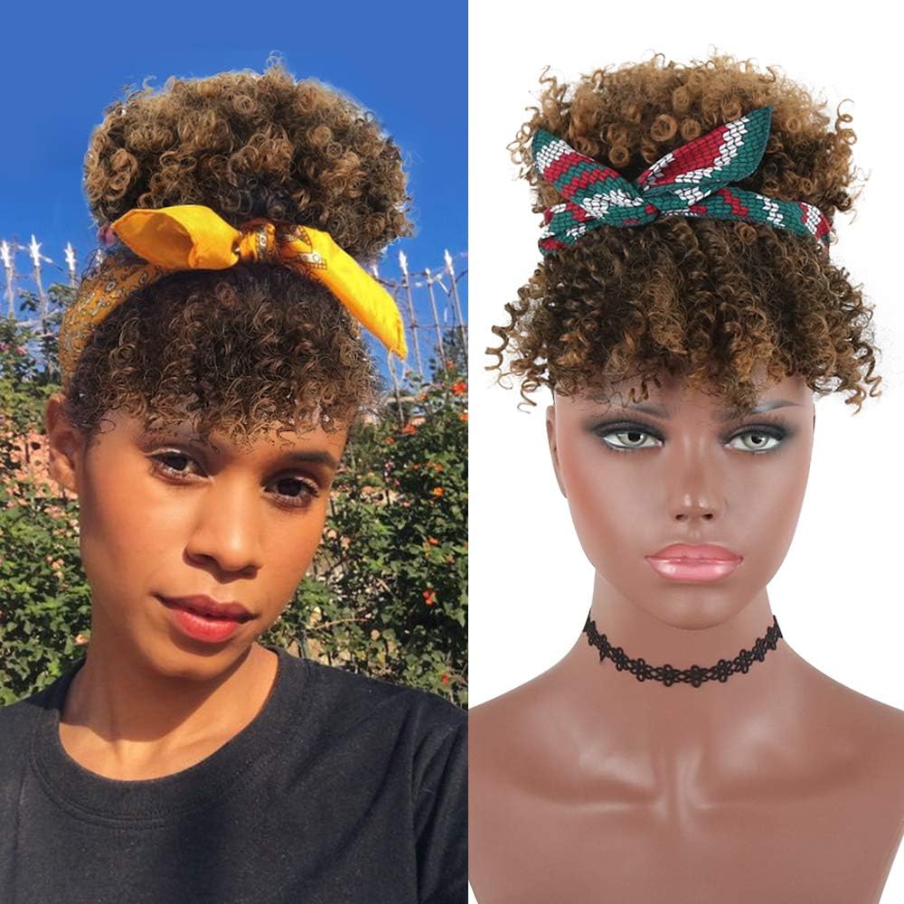Afro Puff Clip Ponytail Drawstring With Bangs Short Kinky Curly Hair Bun Clip in on Wrap Updo Hair Extensions for African American Women(T1B/27)