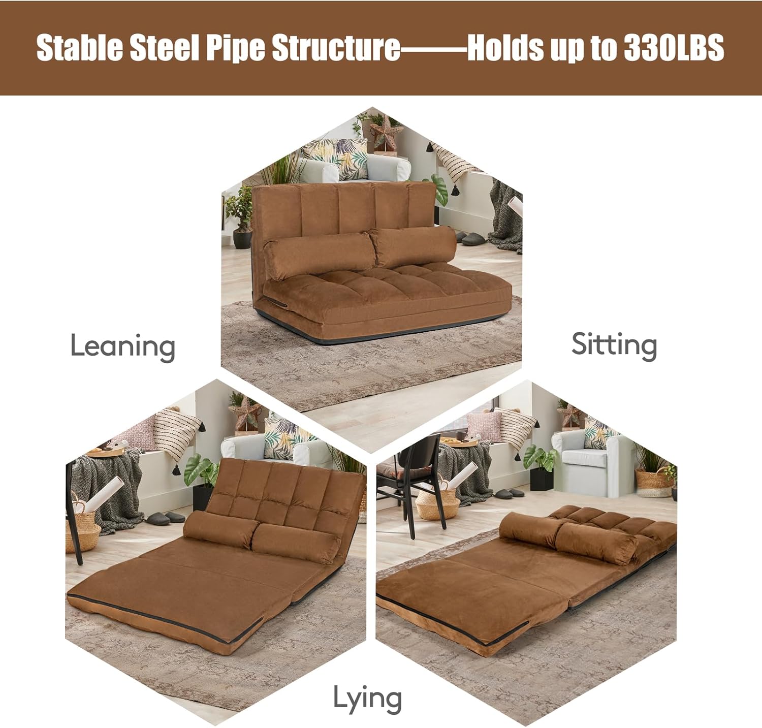 S AFSTAR Convertible Floor Sofa, 6-Position Couch with 2 Removable Pillows & Thick Sponge Cushion, Load 330LBS, Adjustable Lazy Sofa Bed for Living Room (Coffee)