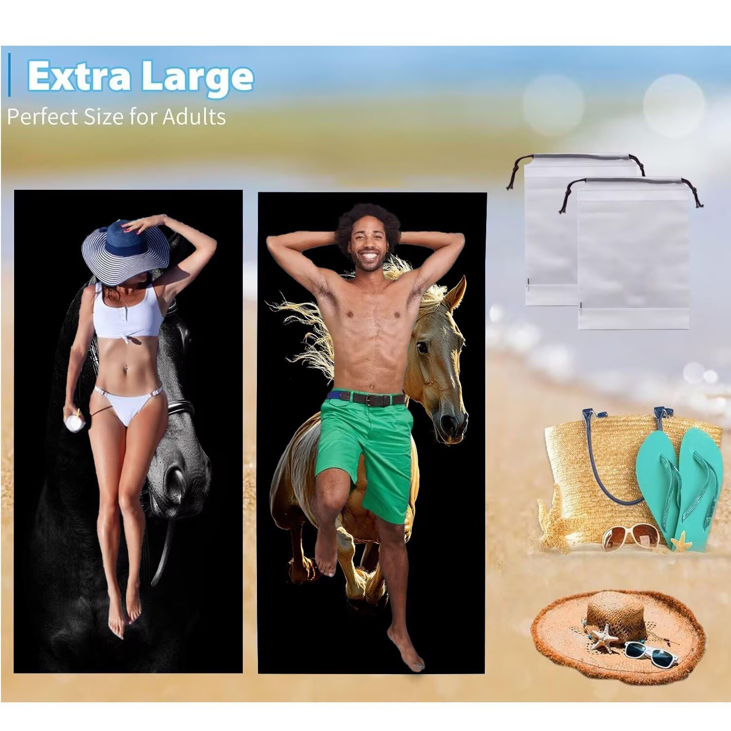 Serviette de Plage xxl 2 Pack Grande Serviette de Plage en Microfibre 90 x 200 cm Résistante au Sable, Séchage Rapide, Absorbante Drap de Bain, L'été Essentials Femme Cadeau (Animaux chevaux) B-238
