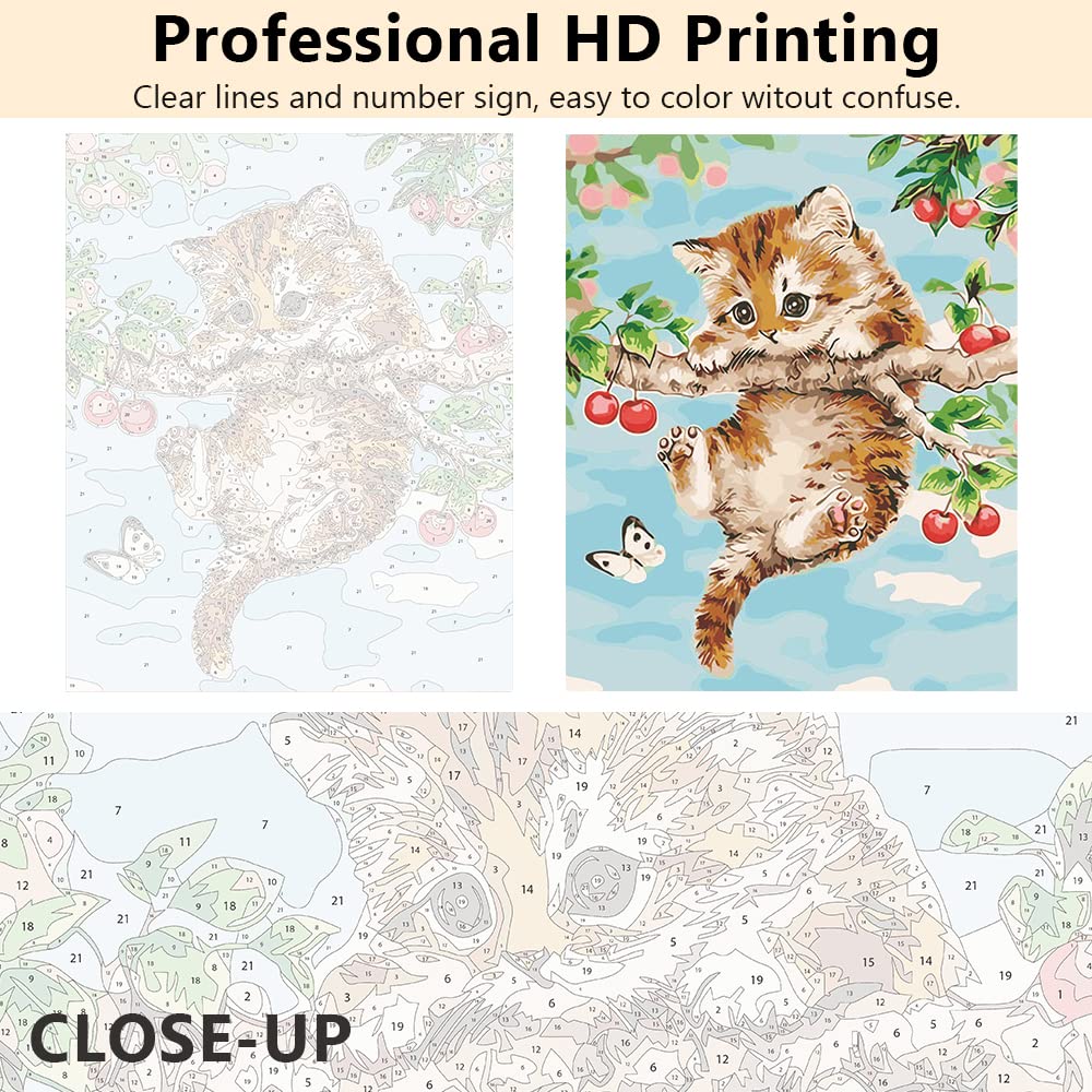 Kirsche und die Katze malen nach Zahlen, Haustiere Katze malen nach Zahlen für Erwachsene Anfänger, Tiere malen nach Zahlen auf Leinwand DIY Erwachsene malen nach Zahlen Kunst 16x20 Inch Den Rahmen