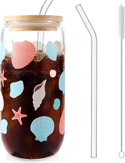 Preppy Glass Cups with Lids and Straws Cute Checkered Iced Coffee Cup Aesthetic Drinking Glasses Tumbler Mug Gifts for Women Girls Teens Gift 16oz (Beach Shell)