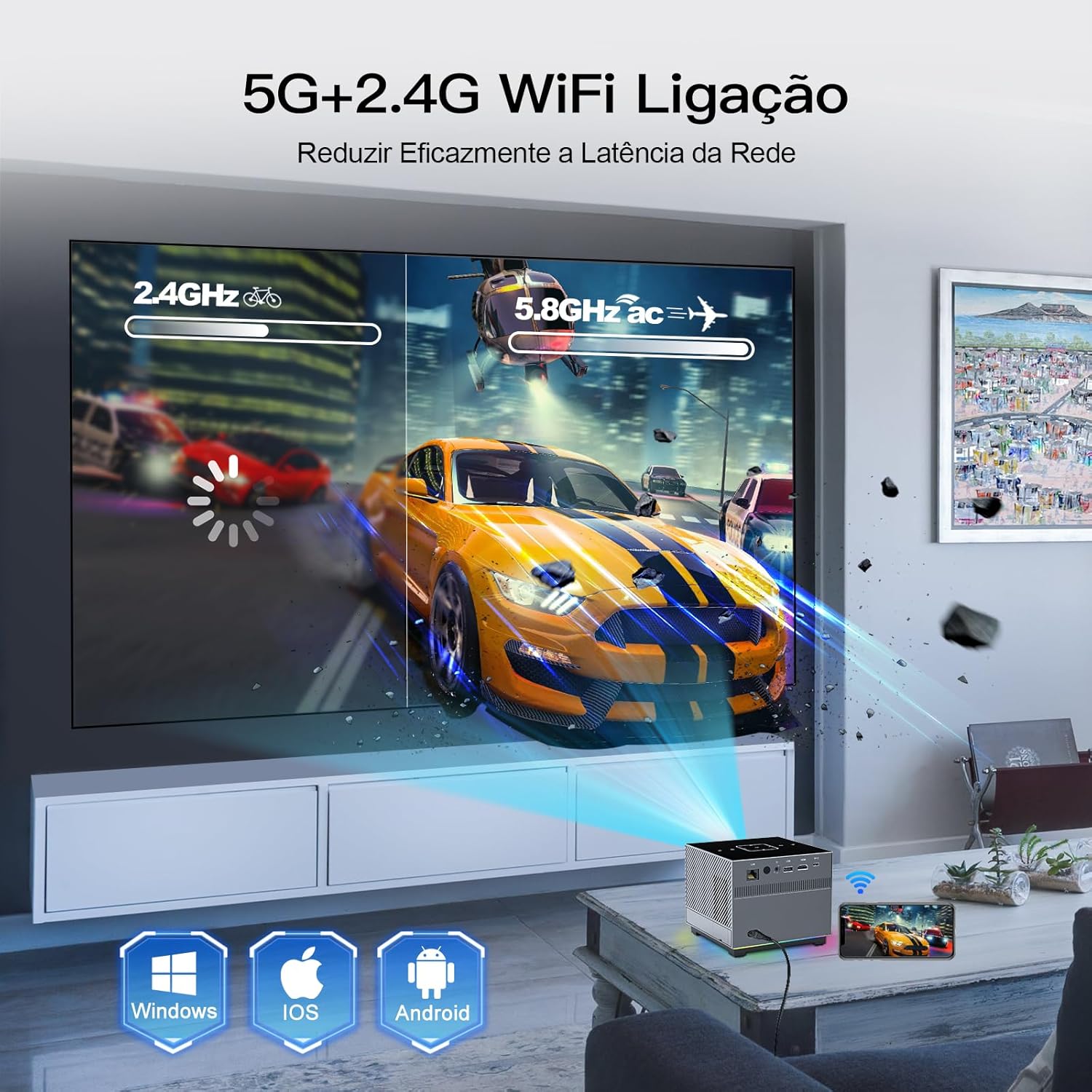 XNANO X3 Projector displaying content with 2.4G and 5G WiFi indicators