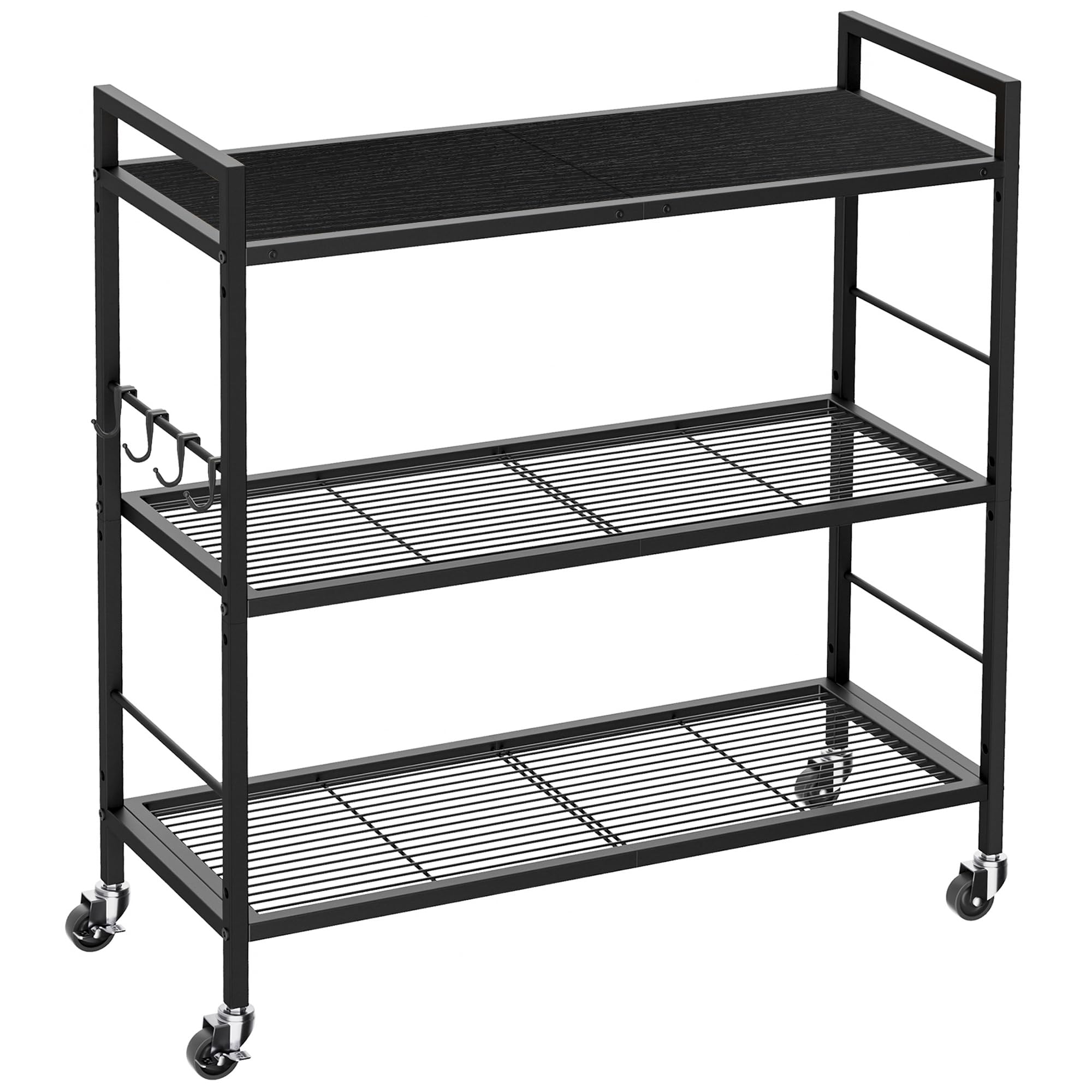 3-Tier kitchen trolley,Black Wood Top,80W×30Dcm,4 Hooks, Adjustable Shelves