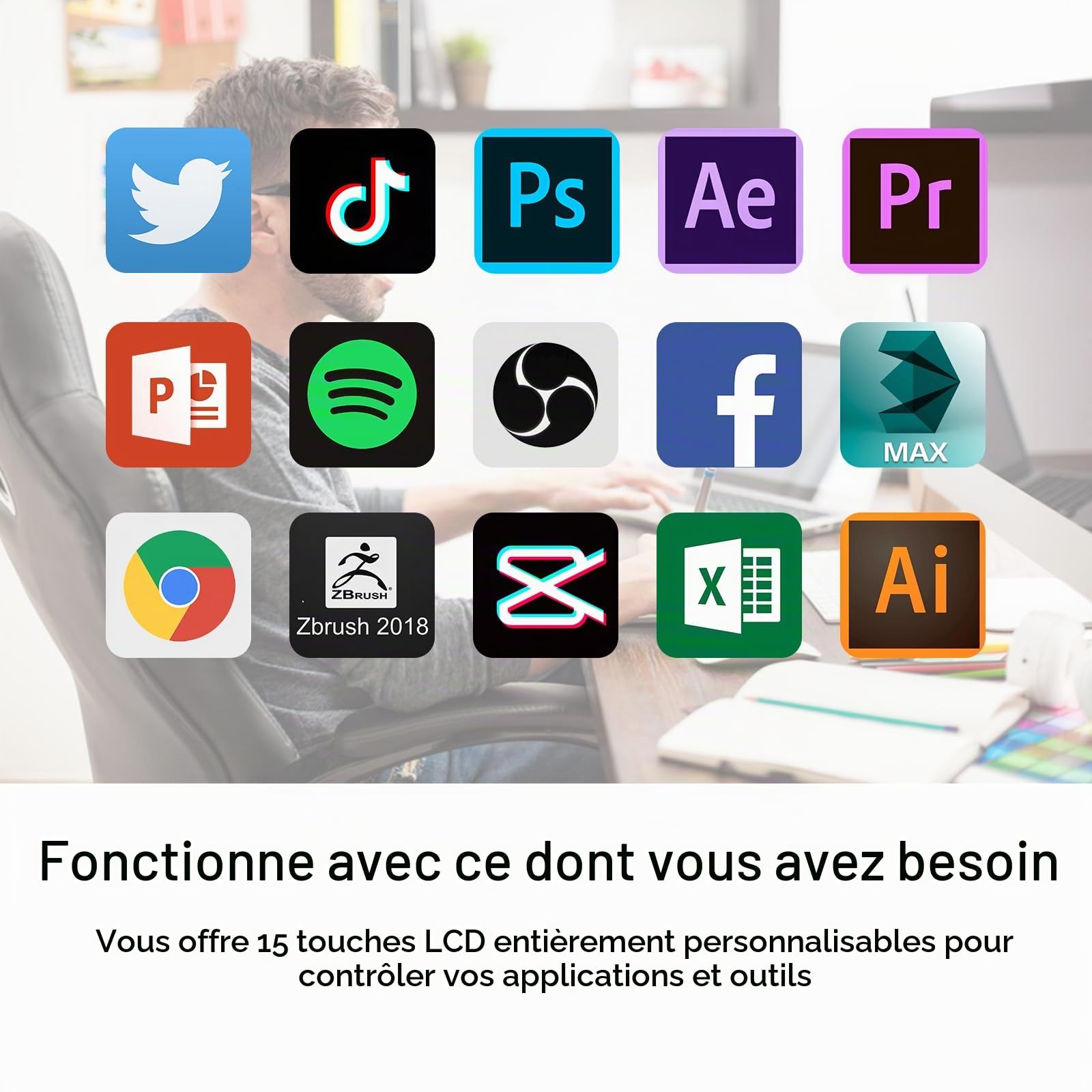 Stream Controller Deck 15 touches macro personnalisées, déclencheur en une seule pression pour la productivité de bureau, touches LCD personnalisées pour OBS, Twitch, YouTube, compatible Mac et
