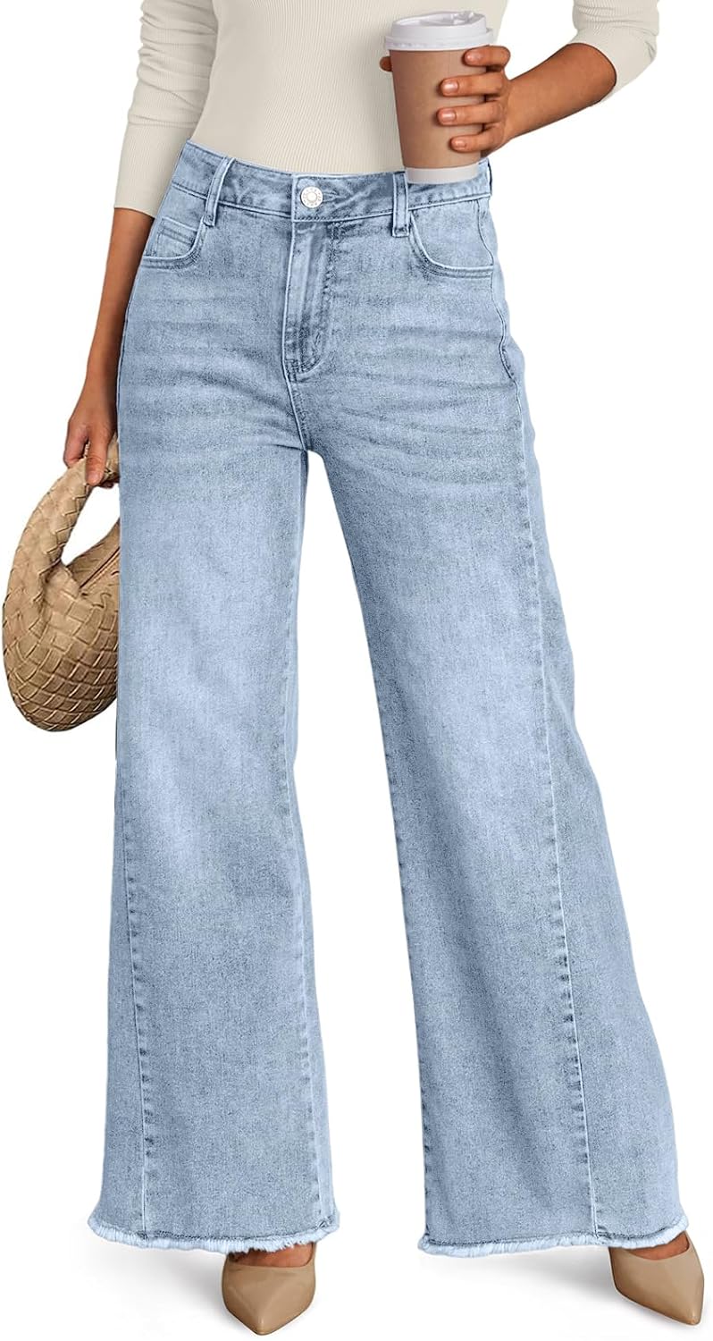 Trendy Queen Women's Wide Leg Jeans, Relaxed Loose Straight Leg with Raw Hem, Comfort Denim Pants