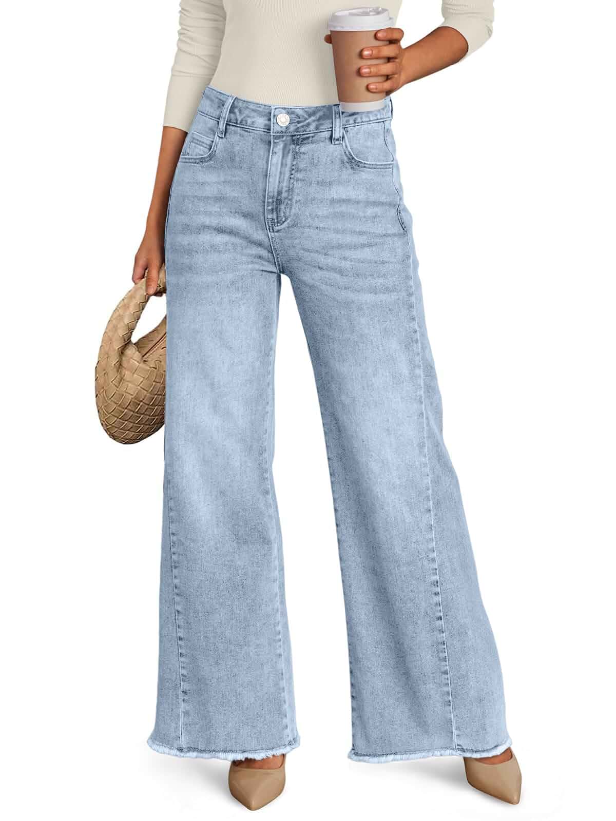 Trendy Queen Women's Wide Leg Jeans, Relaxed Loose with Raw Hem Pants Fashion Comfort Denim Jeans, Wide Leg High Waist Baggy Pants with Pockets For Fall & Winter, Concert Outfits