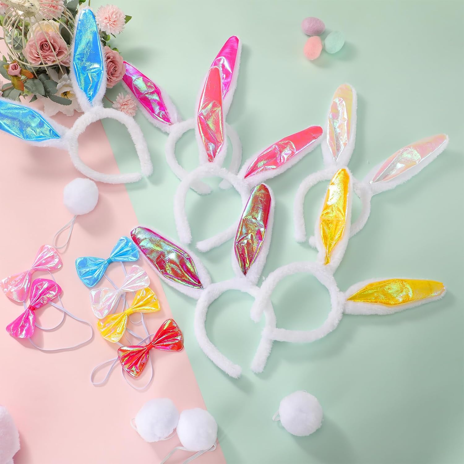 Chuangdi Bunny Costume Set, Rabbit Ears Headbands Bows Ties and Tails Costume for Halloween Party Favors Cosplay(Mermaid Color,36 Pcs)