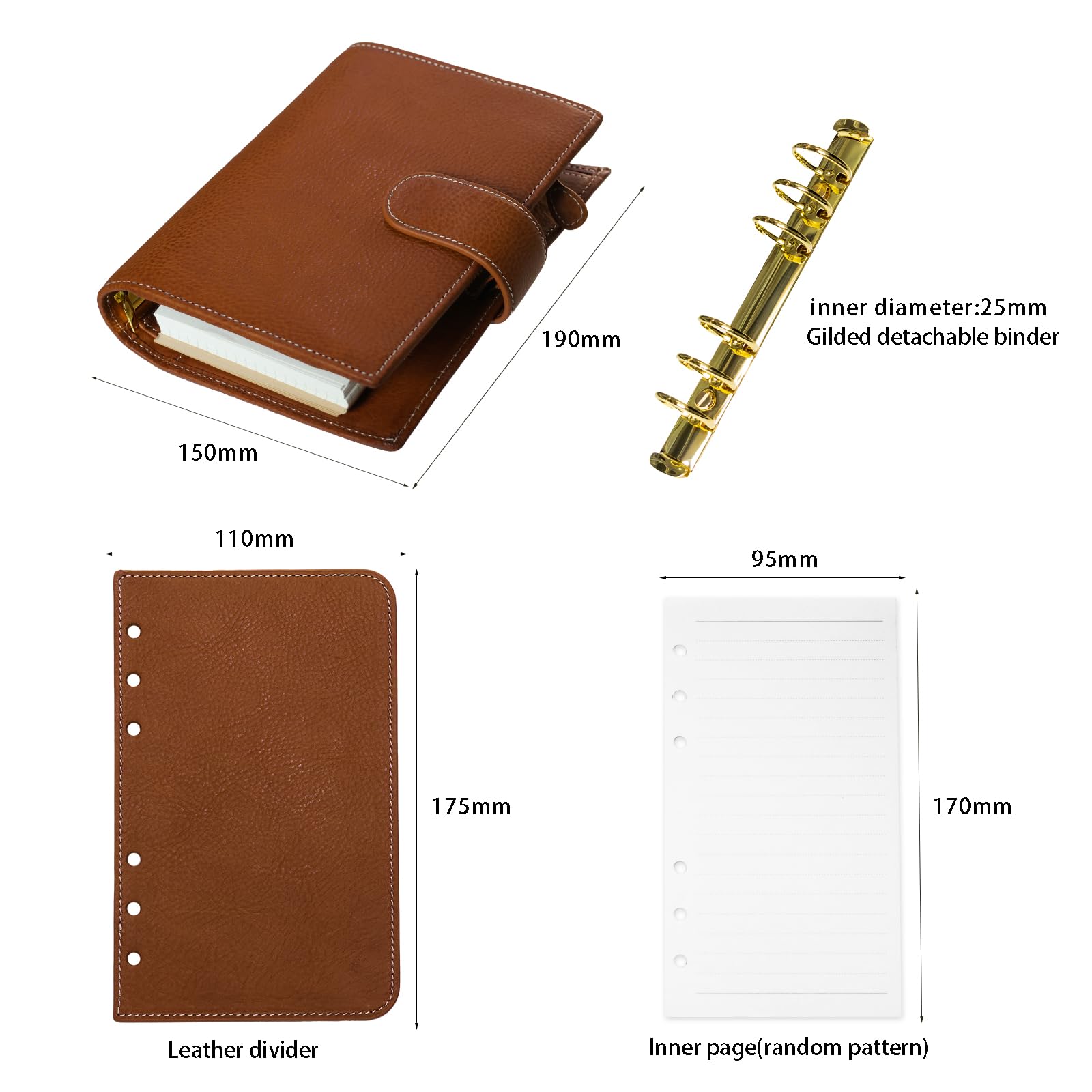Minerva - Organizador personal tamaño A6 XL de piel auténtica, cuaderno de diario de anillas de estalogía, cuaderno de bolsillo con carpeta de 25 mm (marrón coñac)