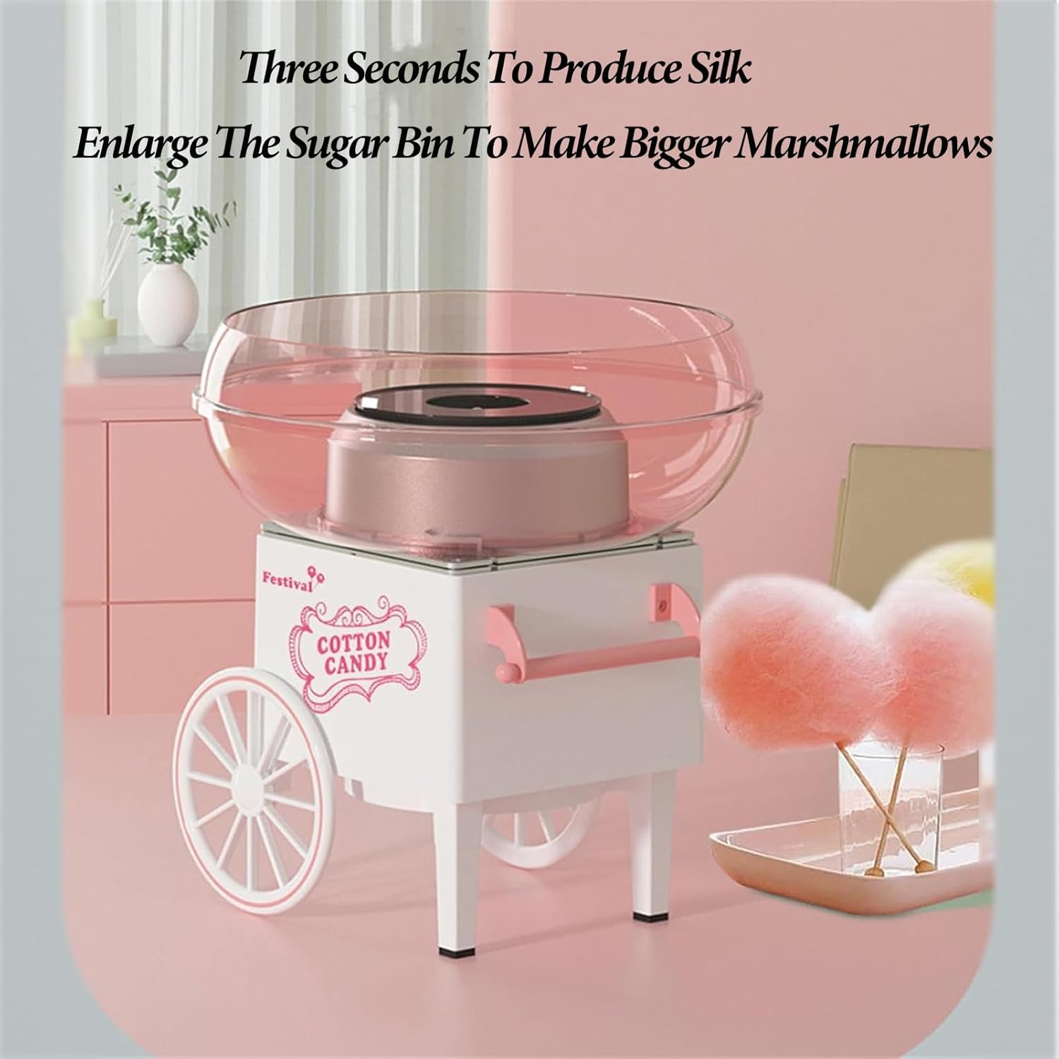 Cotton Candy Machine Household,400w Candy Floss Maker Cart with Spoon,Bamboo Skewers,One-Touch Operations,270mm Grille,for Kidss Birthday Party