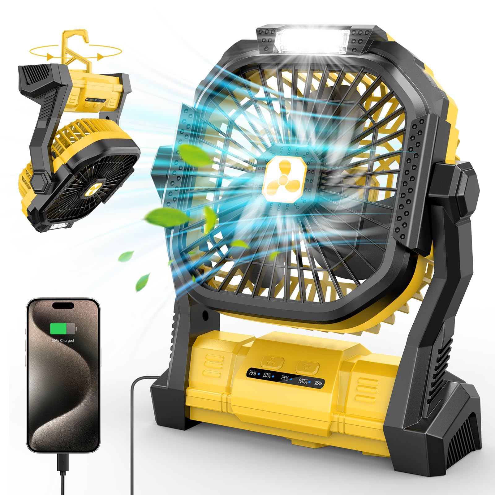 Ventilador de batería inalámbrico, ventilador de coche portátil recargable con linterna LED, ventilador de mesa de batería con puerto tipo C amarillo