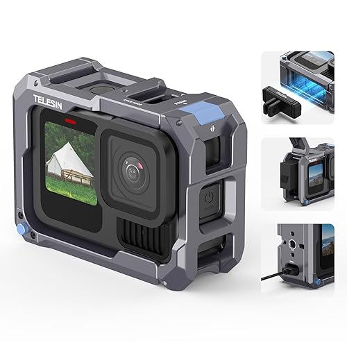 TELESIN Upgraded Aluminum Alloy Cage Frame Housing for Go Pro 13 12 11 10 9 Black, Supports Go Pro 13 Quick-Release System, with 1/4" Thread & Cold Shoe for Video Light Microphone for Hero Accessories