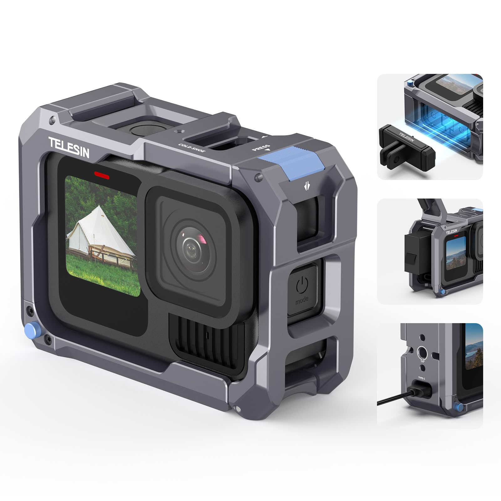 TELESIN Upgraded Aluminum Alloy Cage Frame Housing for Go Pro 13 12 11 10 9 Black, Supports Go Pro 13 Quick-Release System, with 1/4" Thread & Cold