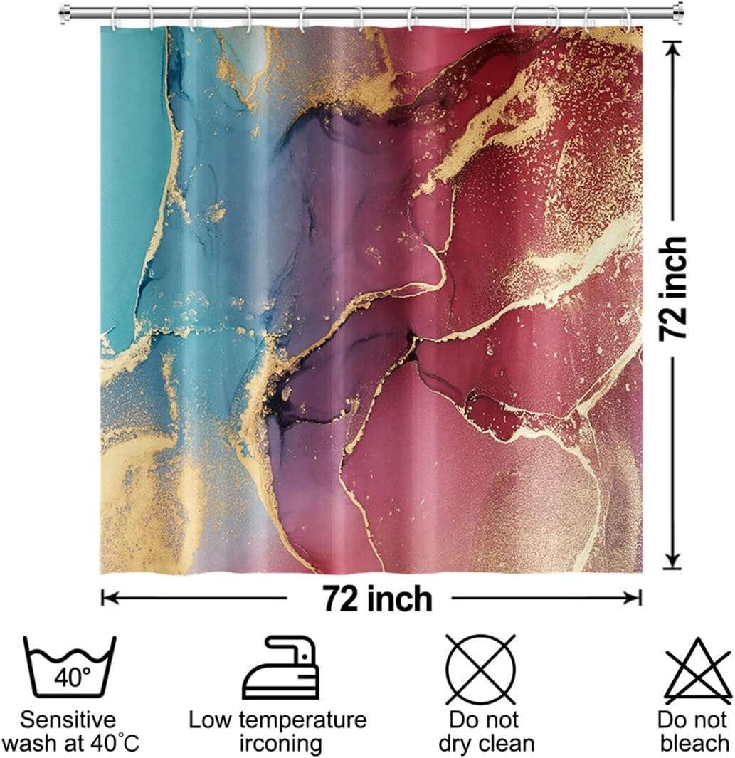 Red Shower Curtain, Teal Green Marble Shower Curtain for Bathroom Stall RV Abstract Art Decor Waterproof Fabric Shower Curtain Set with Hooks 72x72 inches
