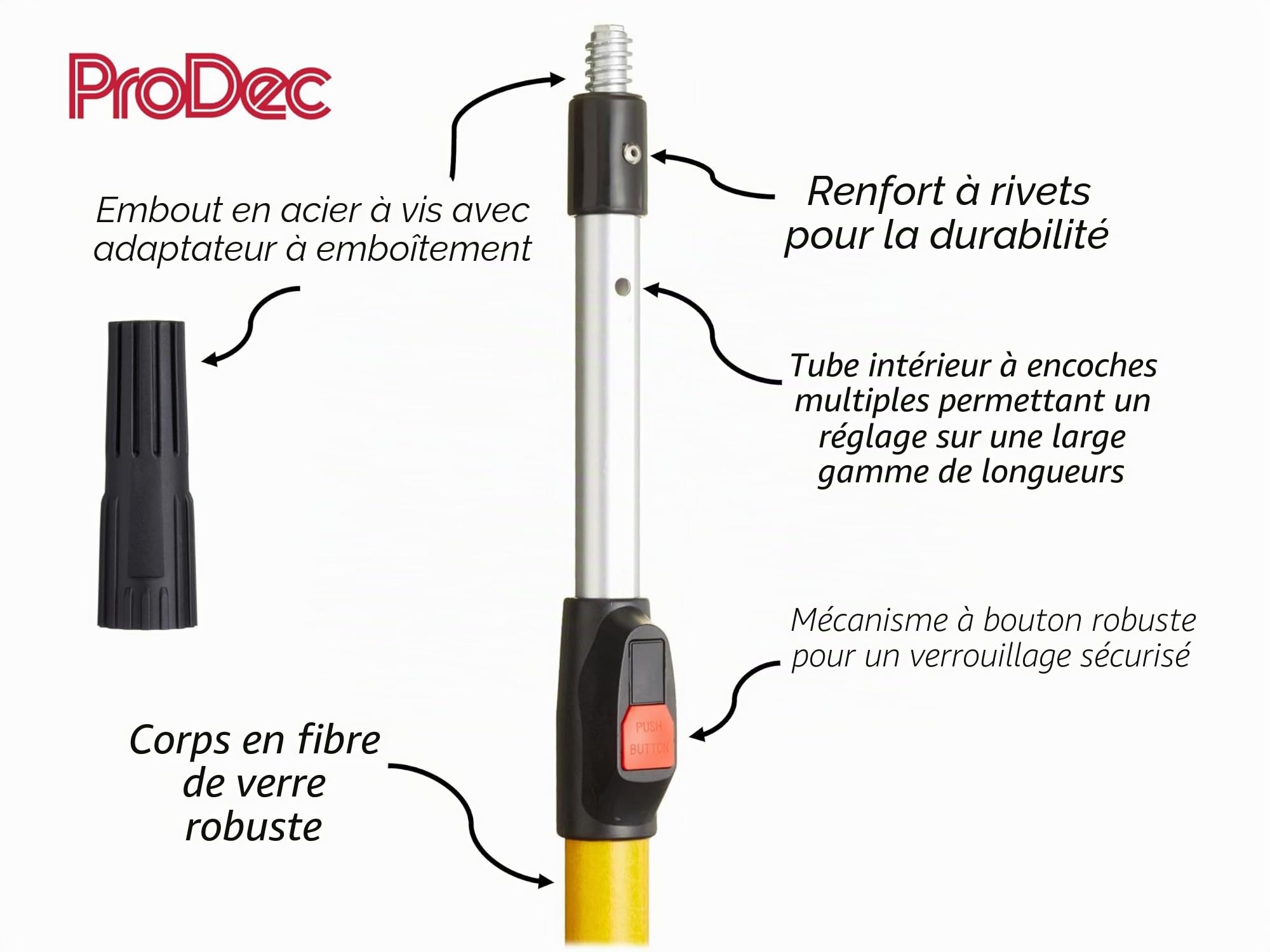 ProDec Manche télescopique 1,2-2,4 m en fibre de verre et aluminium à bouton poussoir pour montures de rouleau, compatible avec les montures à visser et à emboîter